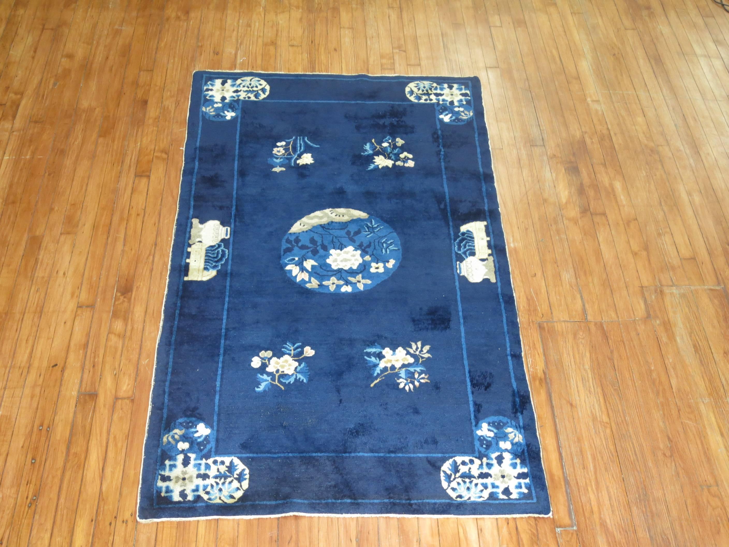 Chinoiserie Navy Blue Ivory Traditional Chinese Peking Rug For Sale