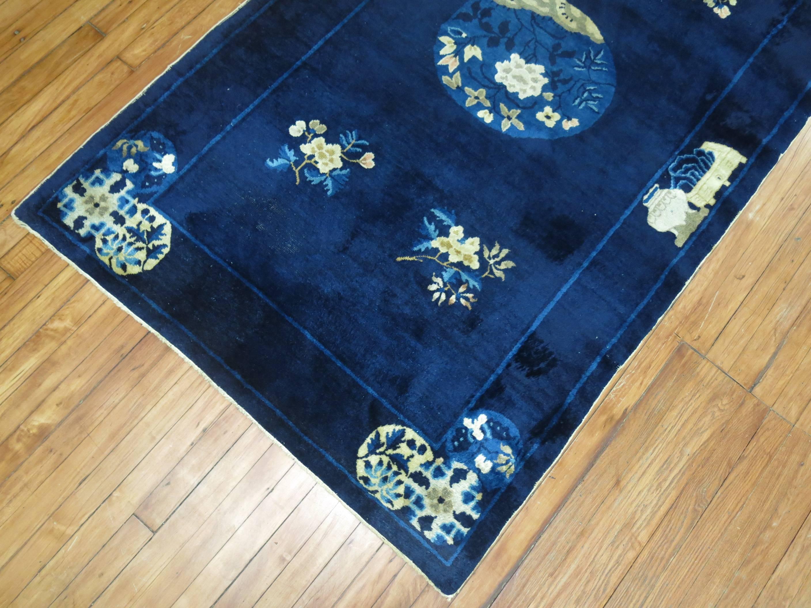 Hand-Woven Navy Blue Ivory Traditional Chinese Peking Rug For Sale