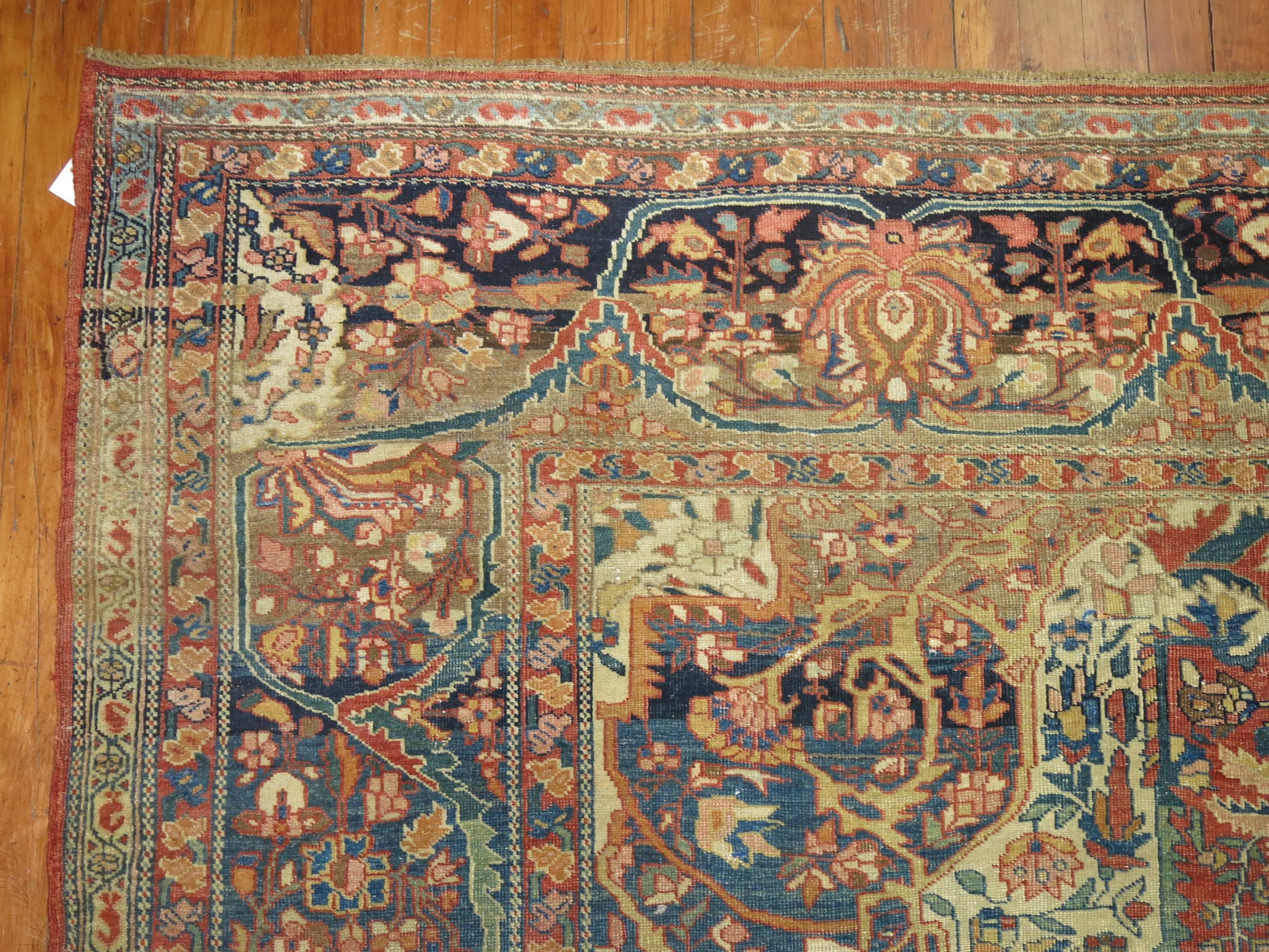 Perse Superbe tapis persan ancien Sarouk Ferehan traditionnel en sarouk rouille et abrash de taille standard en vente