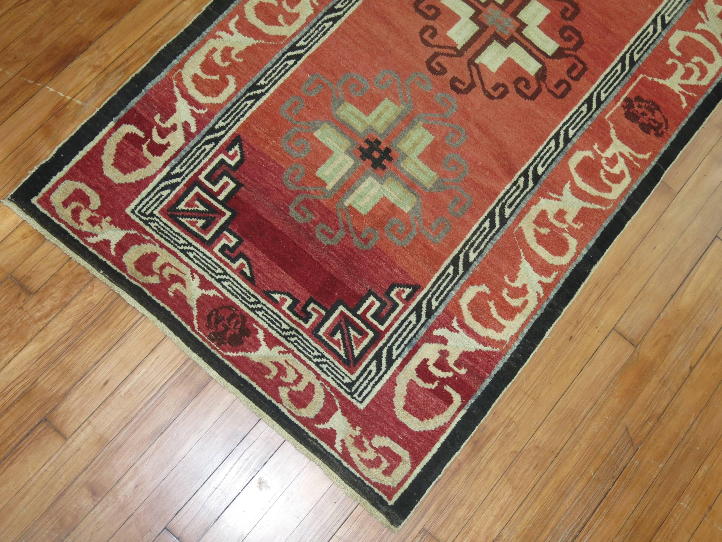 Hand-Knotted Red Vintage Turkish Rug Inspired by 19th Century Asian Khotan Rugs For Sale