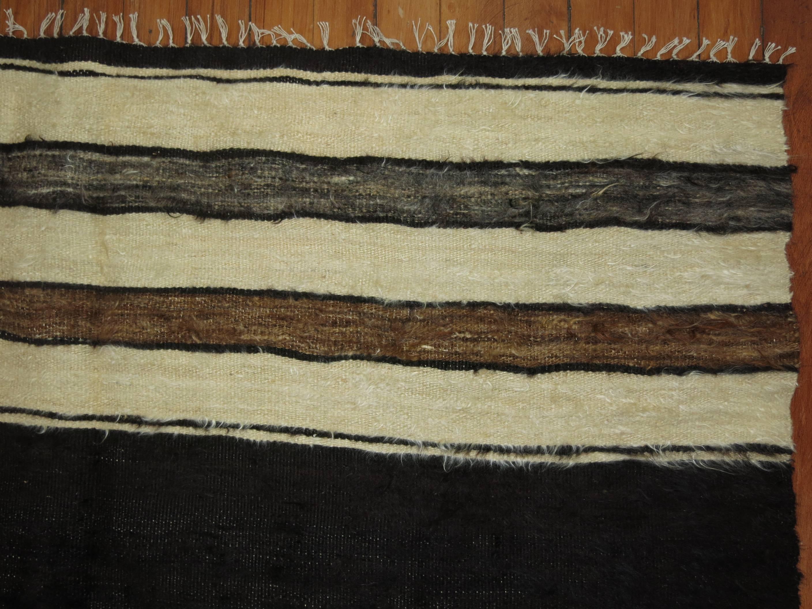 Minimalist Black Ivory Gray Brown 20th Century Turkish Mohair Rug In Good Condition For Sale In New York, NY