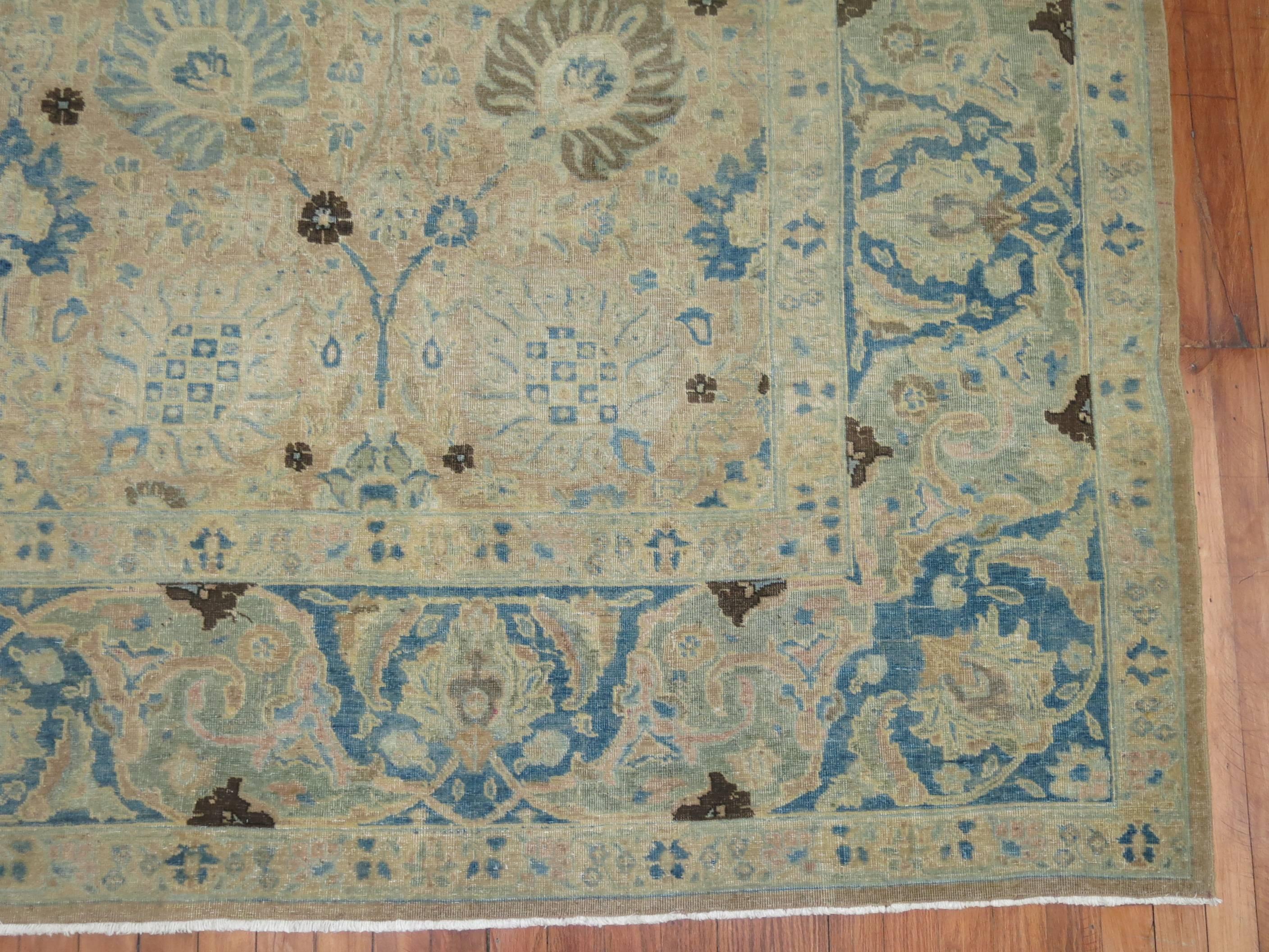 20th Century Antique Tabriz in Camel and Blue