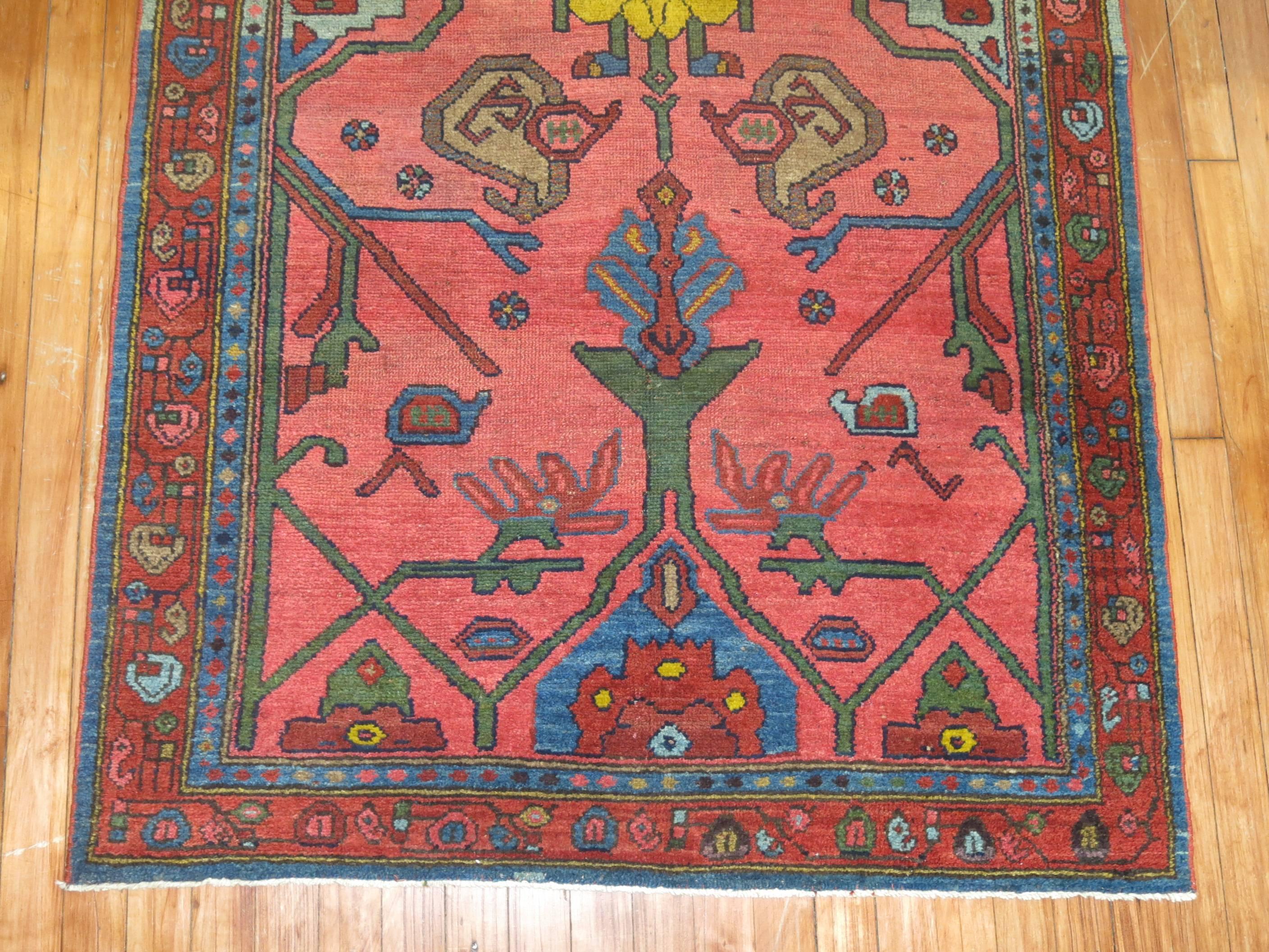 Hand-Knotted Traditional Coral Background 20th Century Antique Persian Rug For Sale