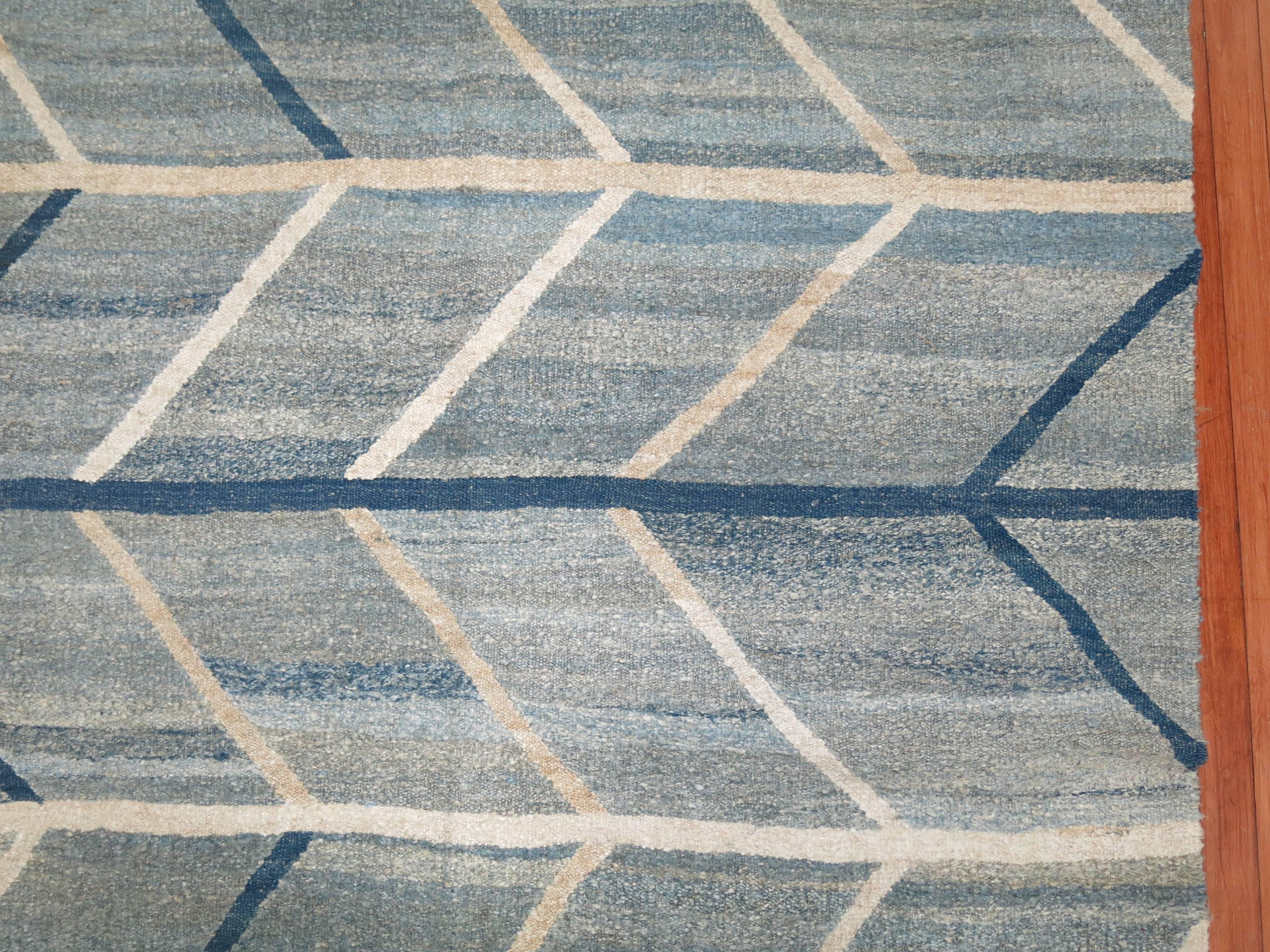 Scandinavian Modern Scandinavian Inspired Turkish Kilim Flat-Weave Rug in Blues