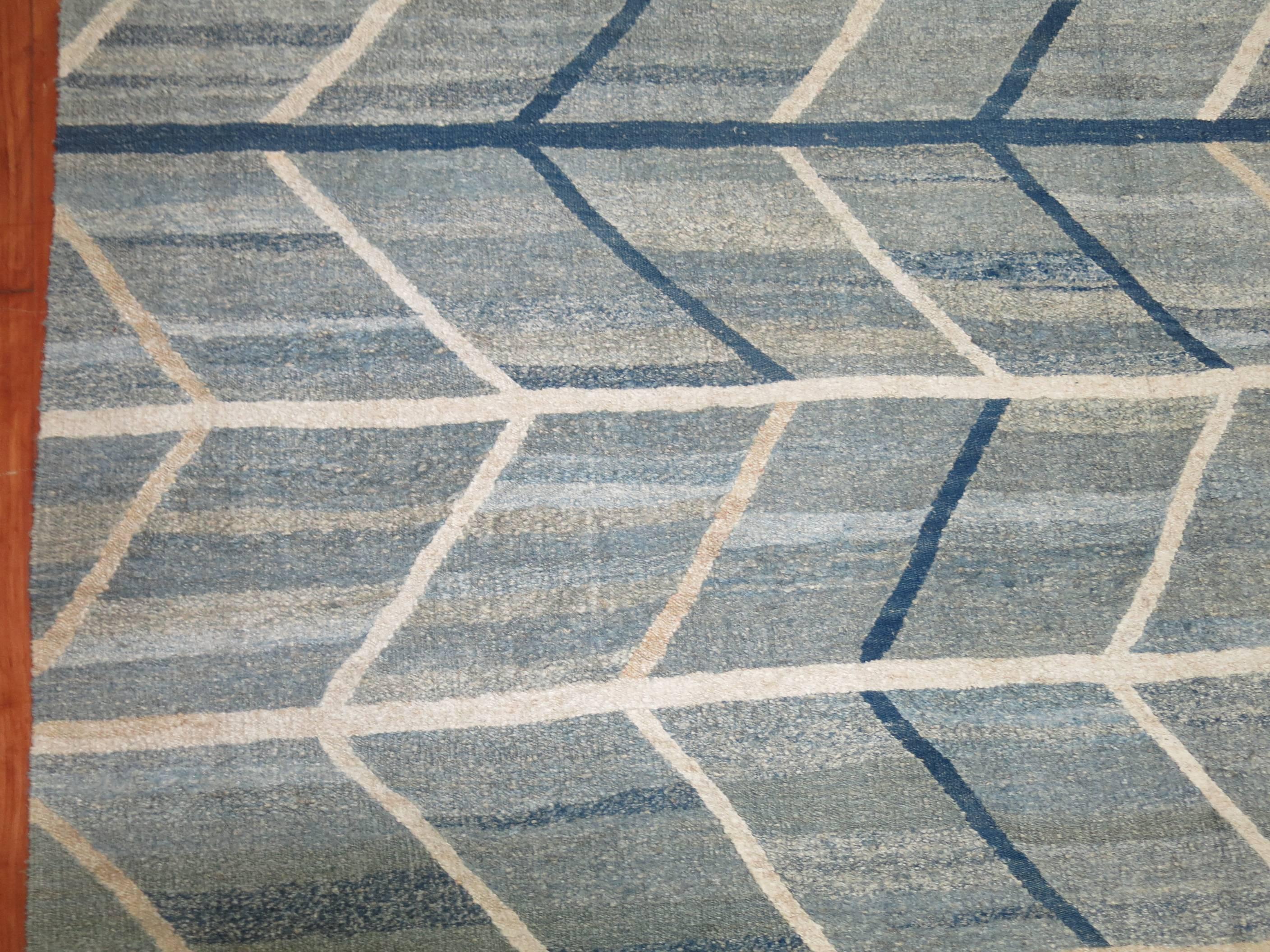 Scandinavian Inspired Turkish Kilim Flat-Weave Rug in Blues In Excellent Condition In New York, NY