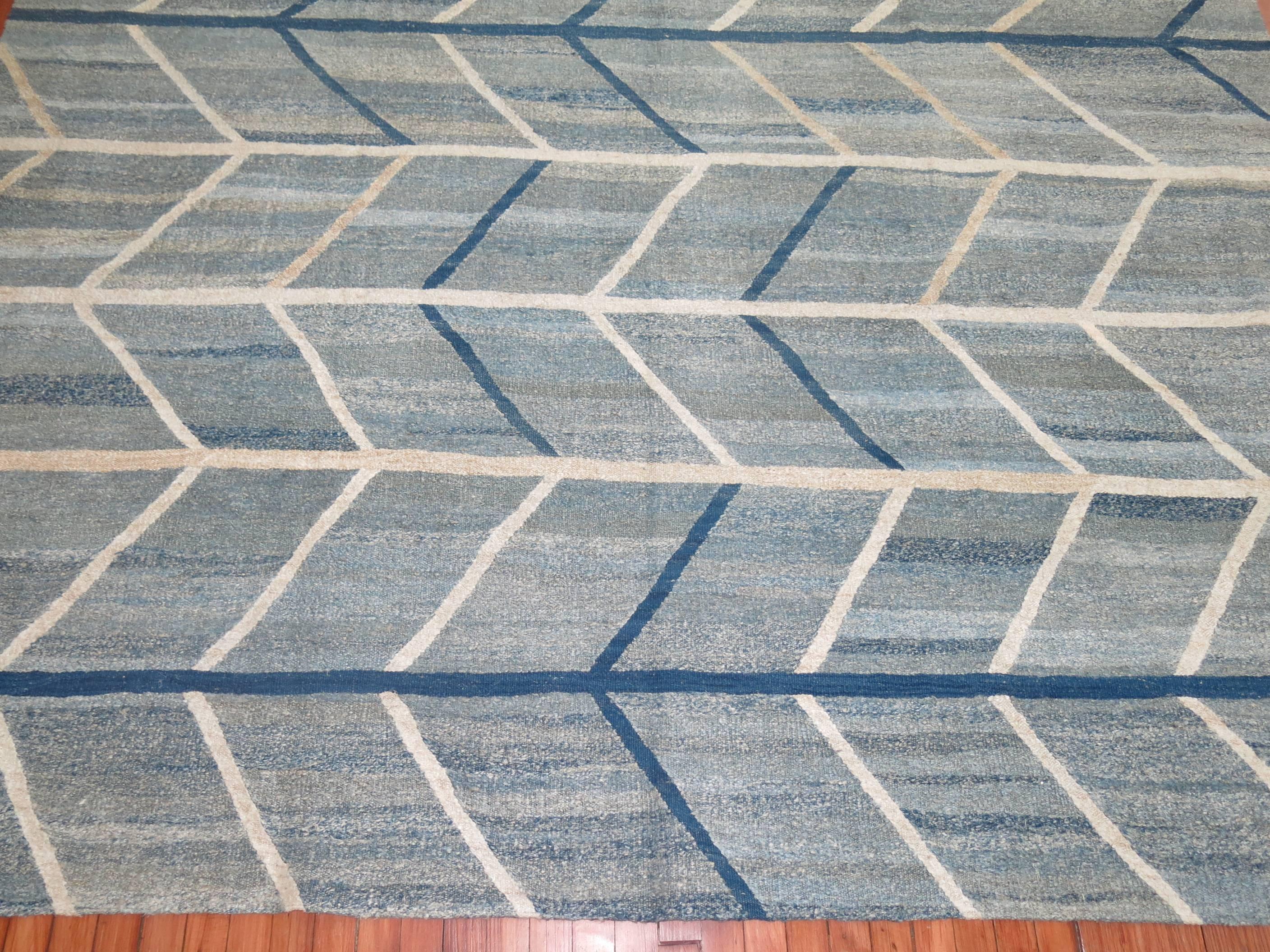 Wool Scandinavian Inspired Turkish Kilim Flat-Weave Rug in Blues