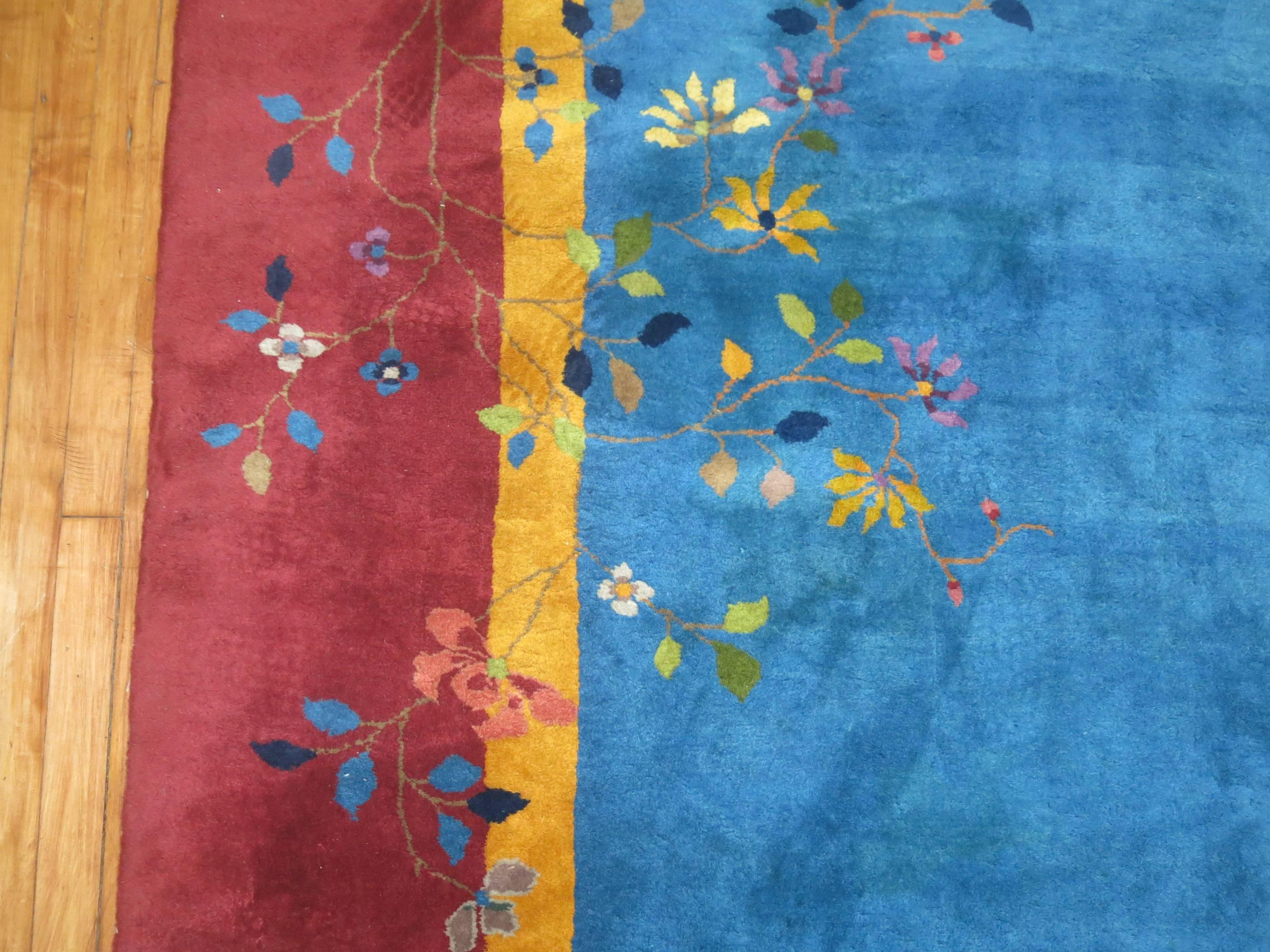 Hand-Knotted Zabihi Collection Blue Oversize Chinese Art Deco Nichols Rug For Sale