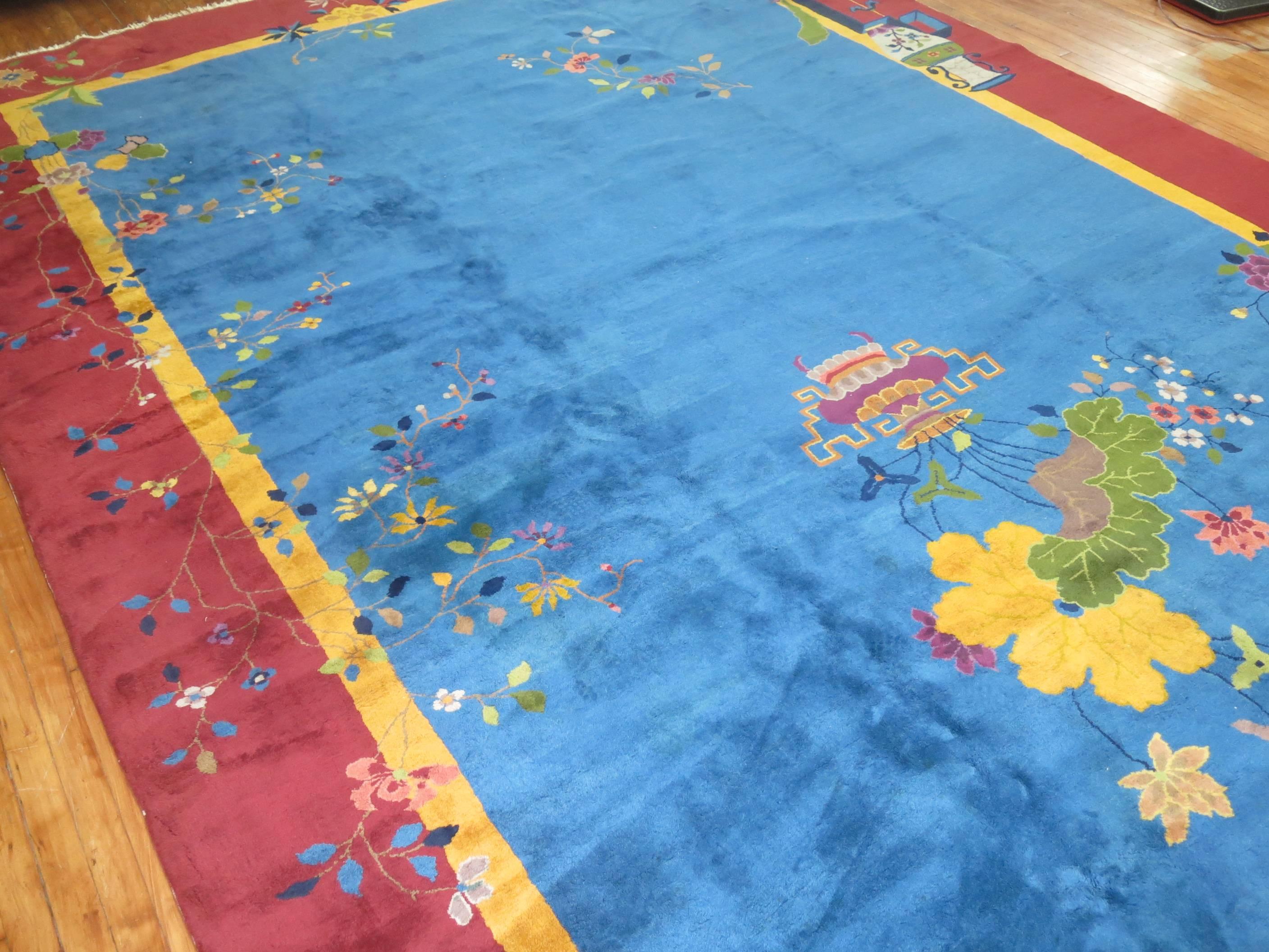 Wool Zabihi Collection Blue Oversize Chinese Art Deco Nichols Rug For Sale