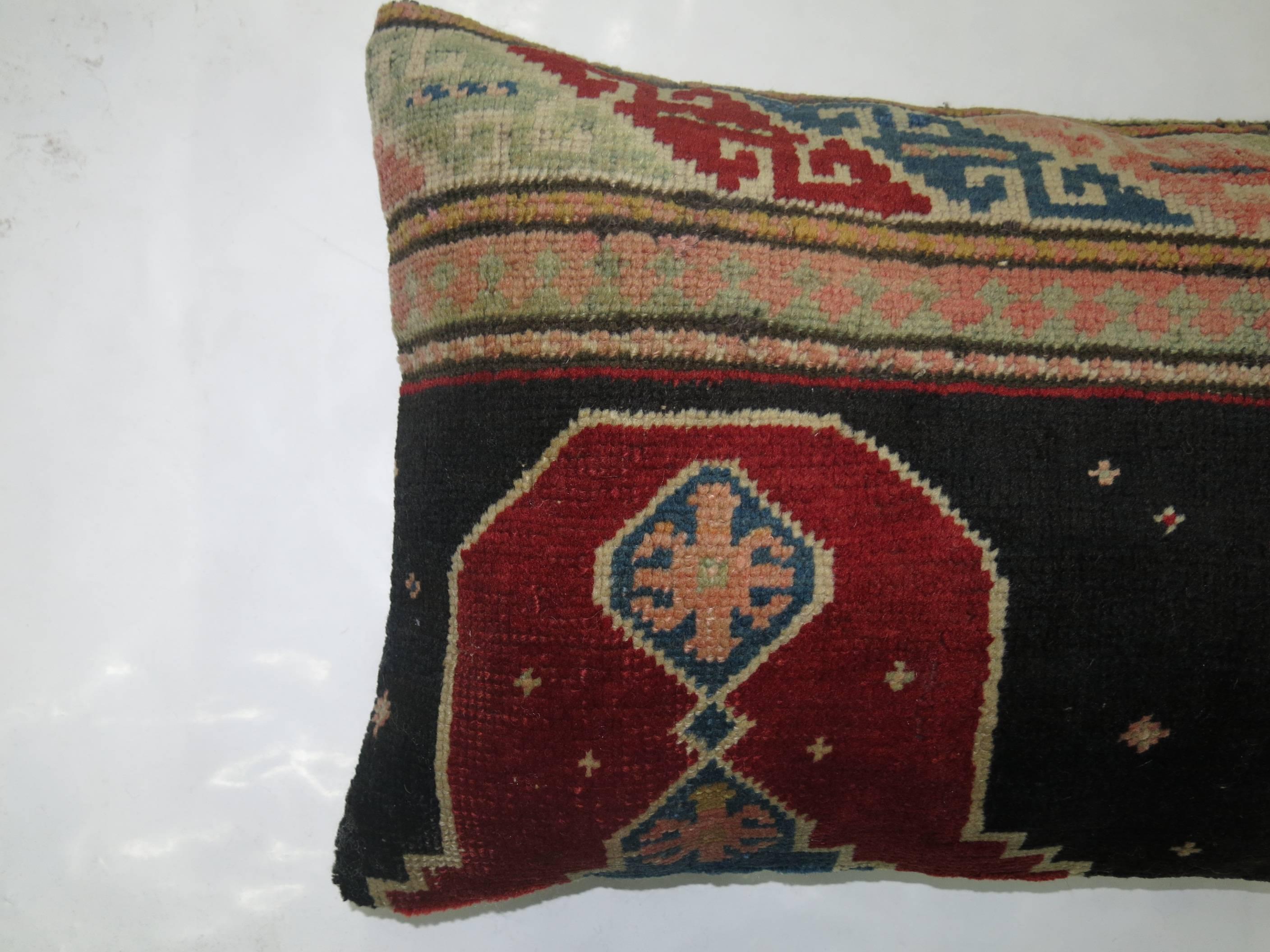 Whimsical Antique Wool Turkish Rug Khotan Inspired Lumbar Size Pillow In Good Condition For Sale In New York, NY