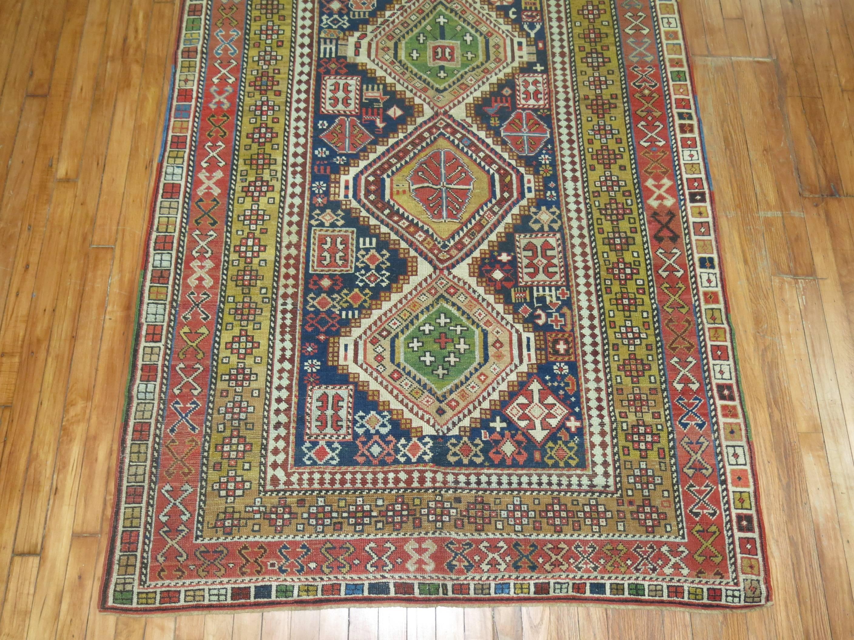 Tribal Colorful Handwoven Early 20th Century Antique Caucasian Accent Size Shirvan Rug For Sale