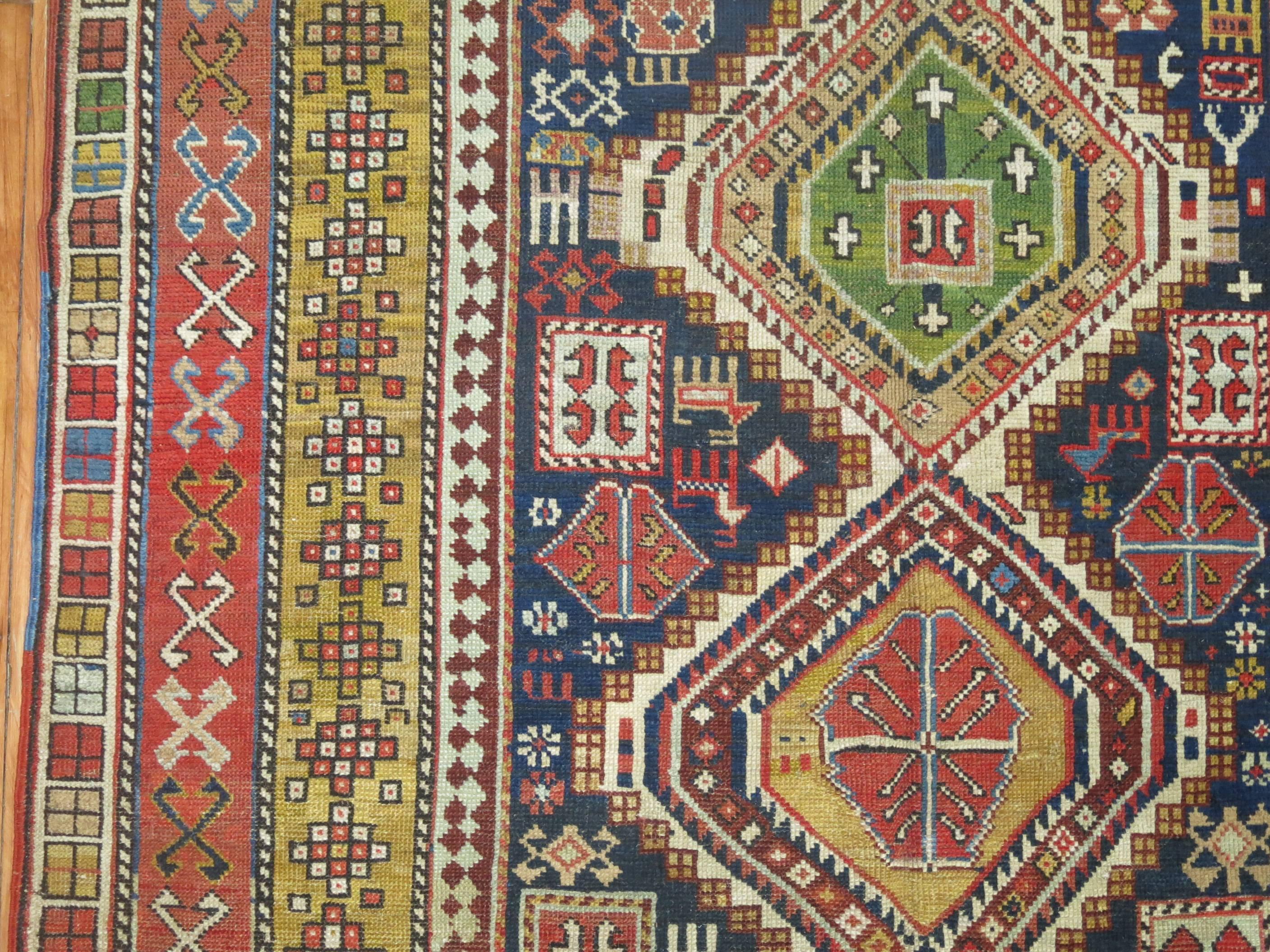 Colorful Handwoven Early 20th Century Antique Caucasian Accent Size Shirvan Rug For Sale 2
