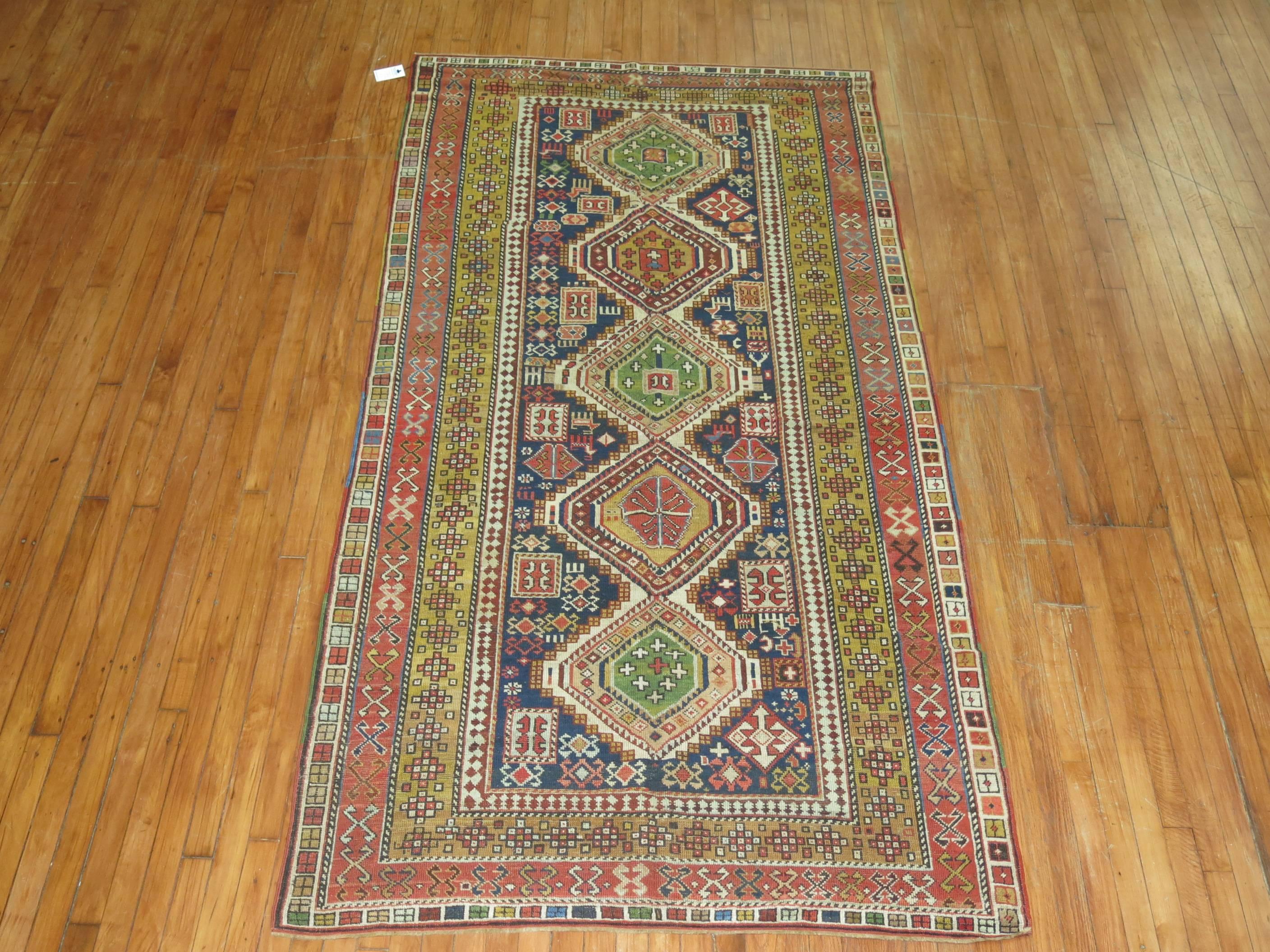 Hand-Woven Colorful Handwoven Early 20th Century Antique Caucasian Accent Size Shirvan Rug For Sale