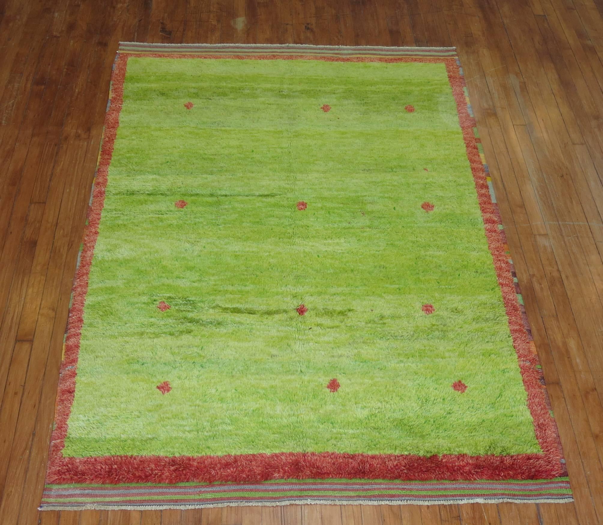 Mid-Century Modern Lime Green Vintage Turkish Tulu Pile Rug For Sale