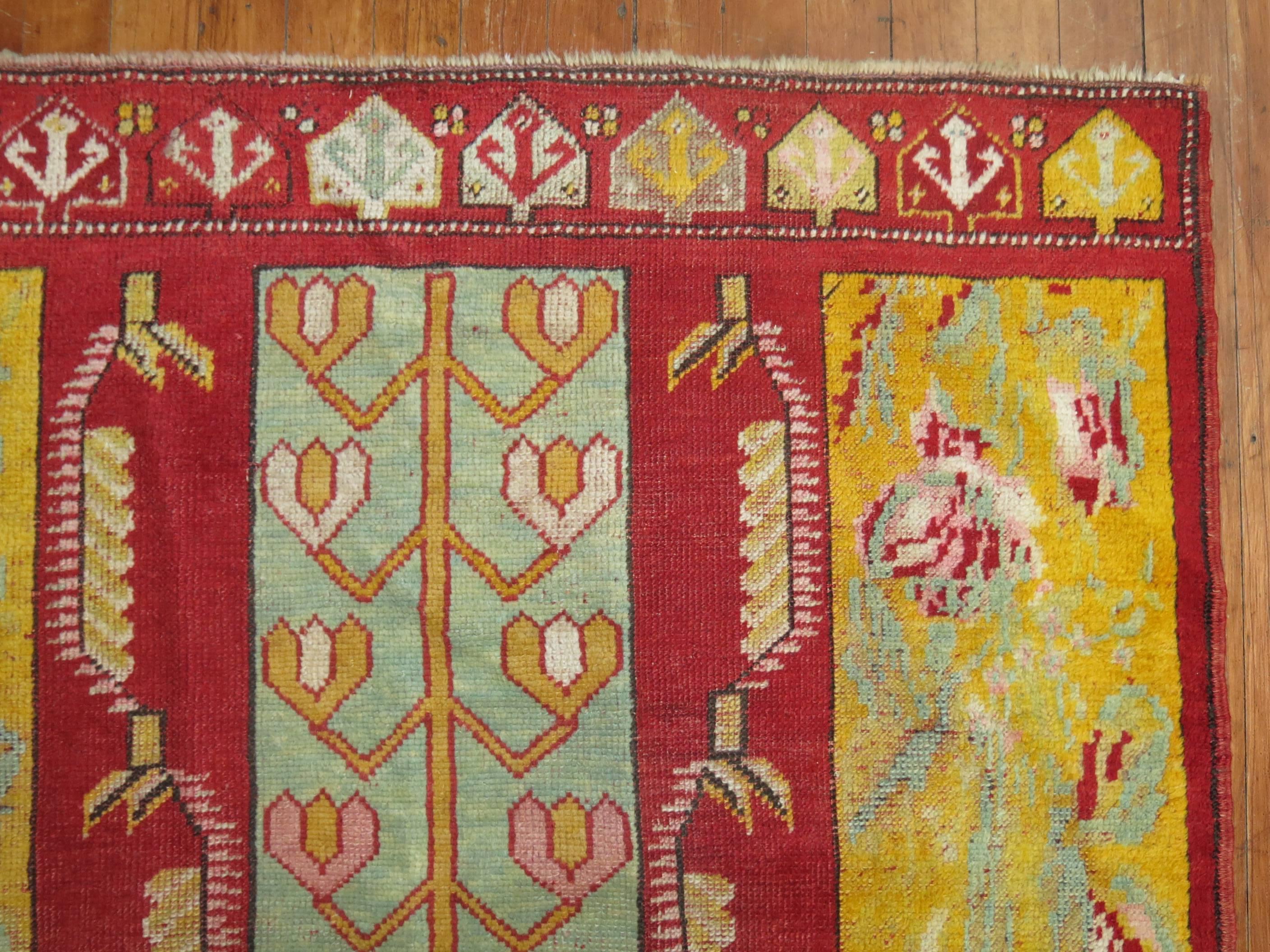 Hand-Knotted Colorful Red Yellow Turkish Melas Early 20th Century Wool Runner For Sale