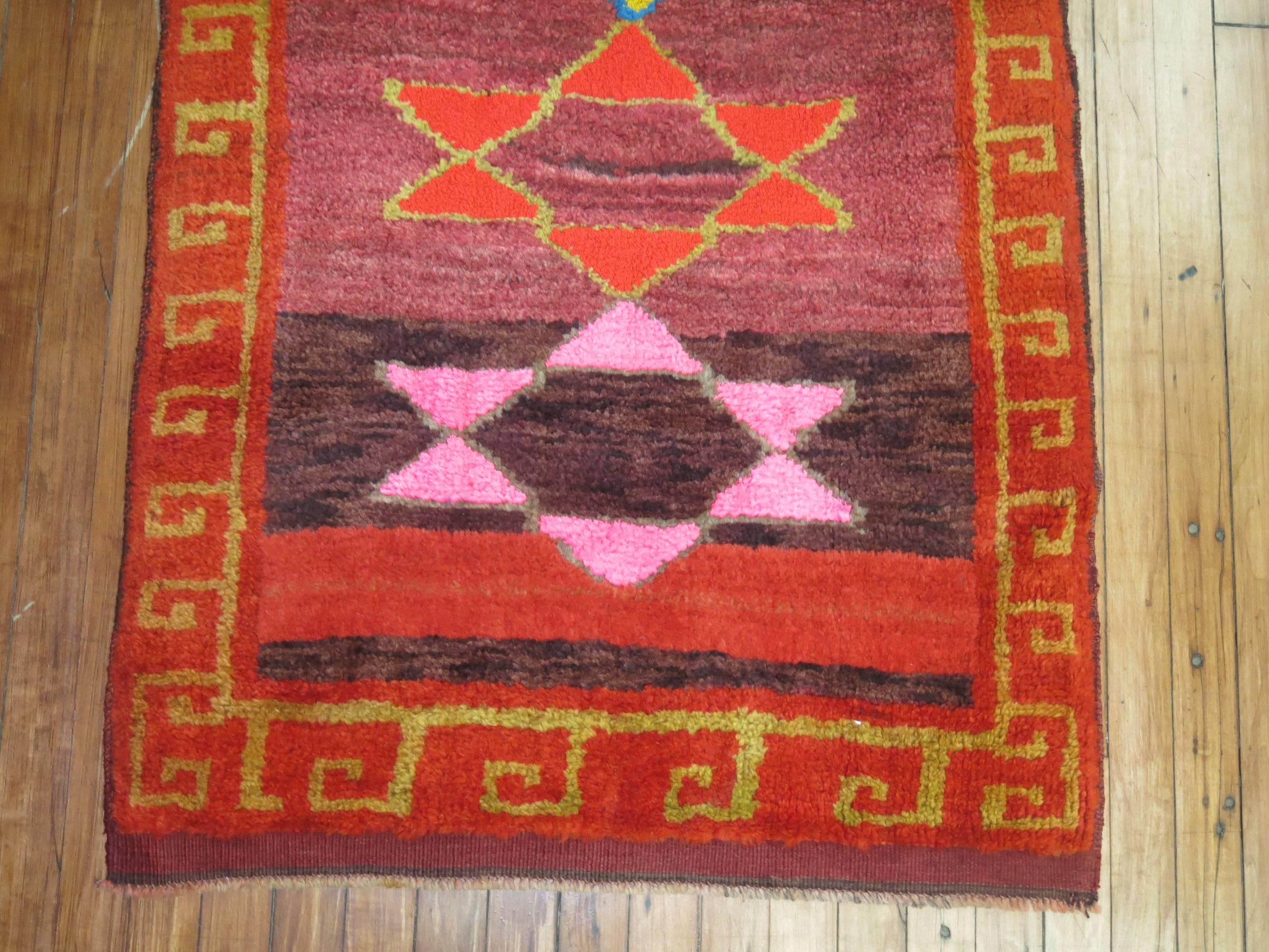 Hand-Knotted 20th Century Bright Color Vintage Turkish Star Motif Full Pile Bohemian Runner For Sale