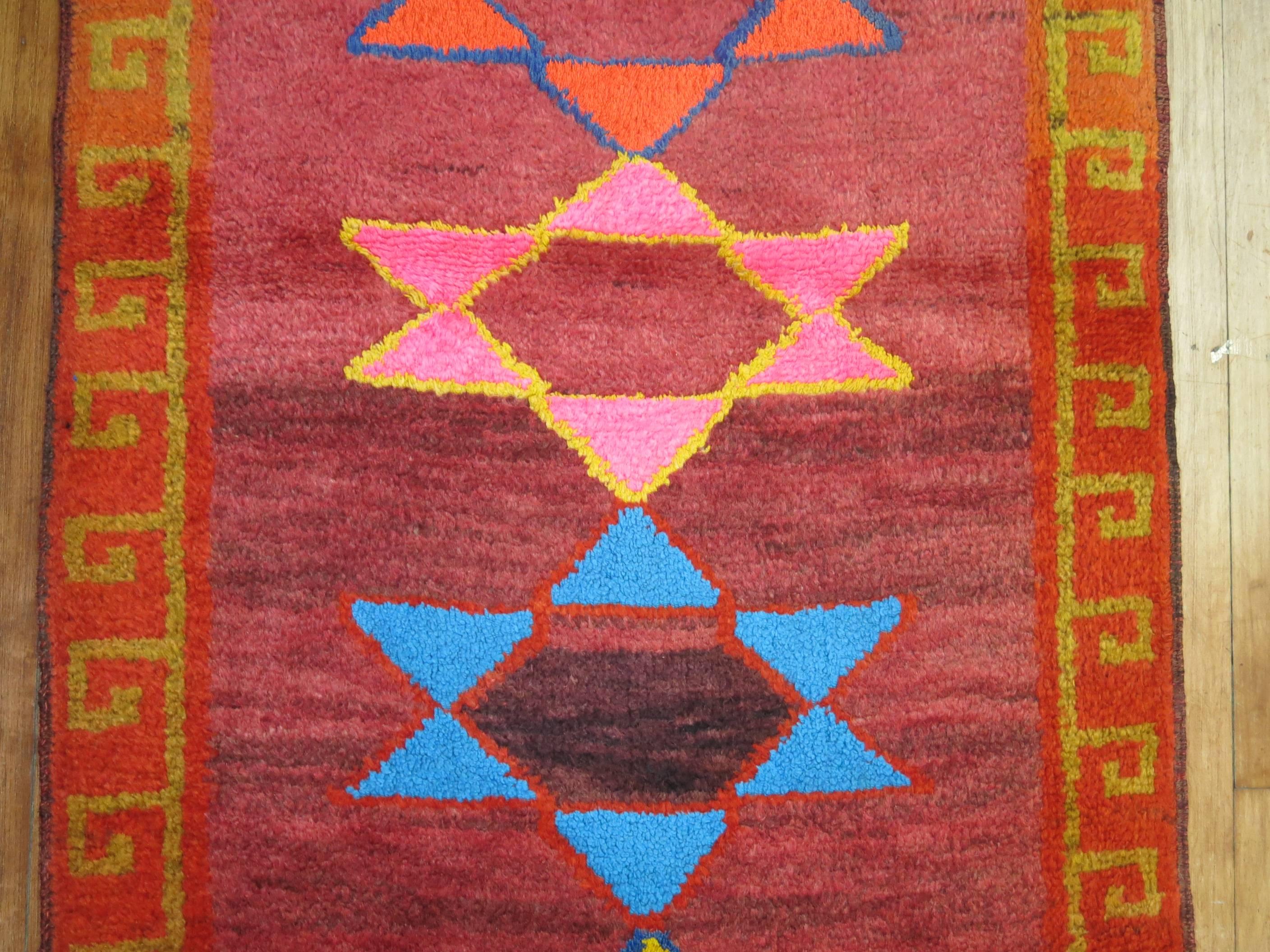 20th Century Bright Color Vintage Turkish Star Motif Full Pile Bohemian Runner For Sale 1
