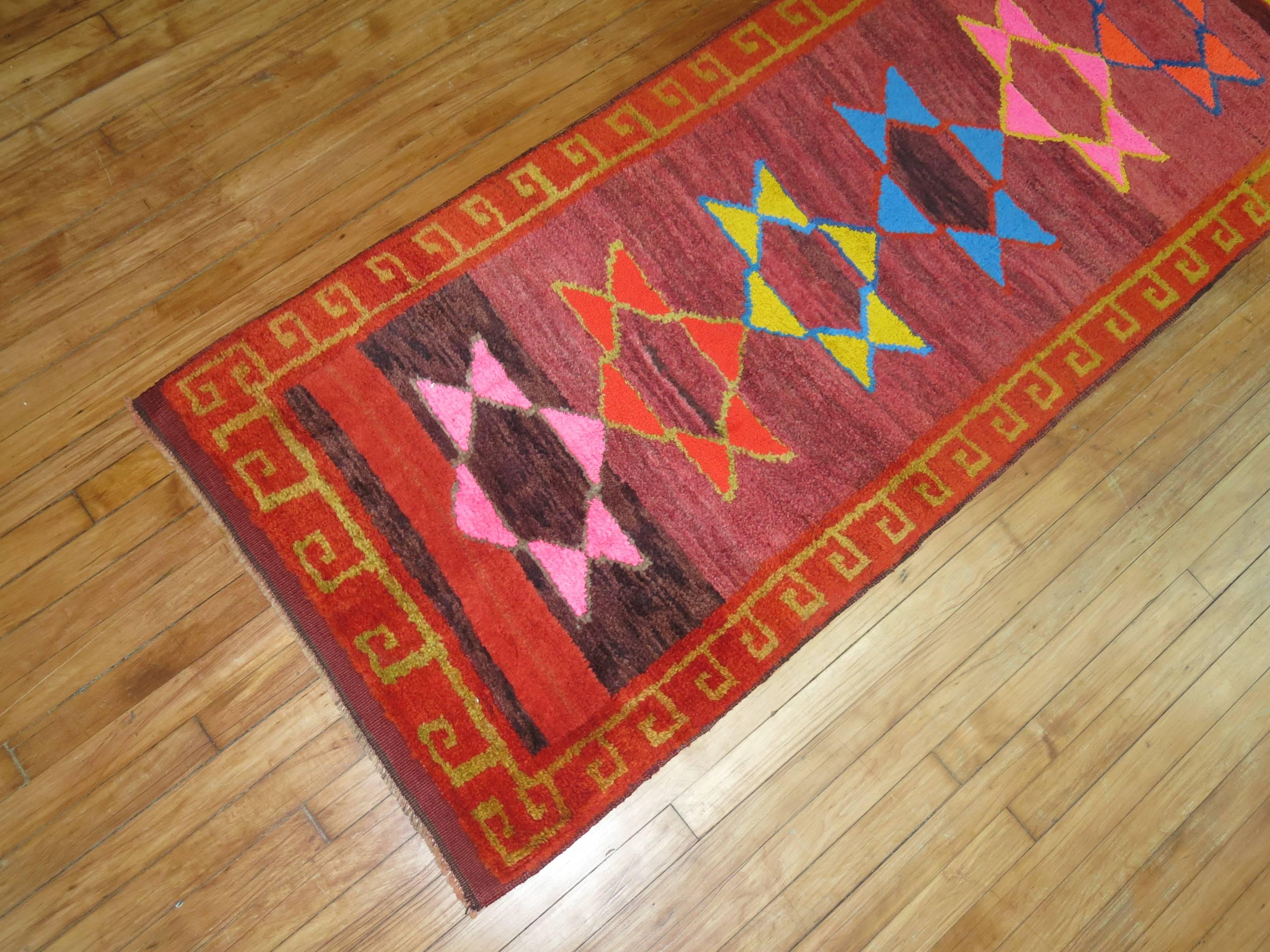 Wool 20th Century Bright Color Vintage Turkish Star Motif Full Pile Bohemian Runner For Sale