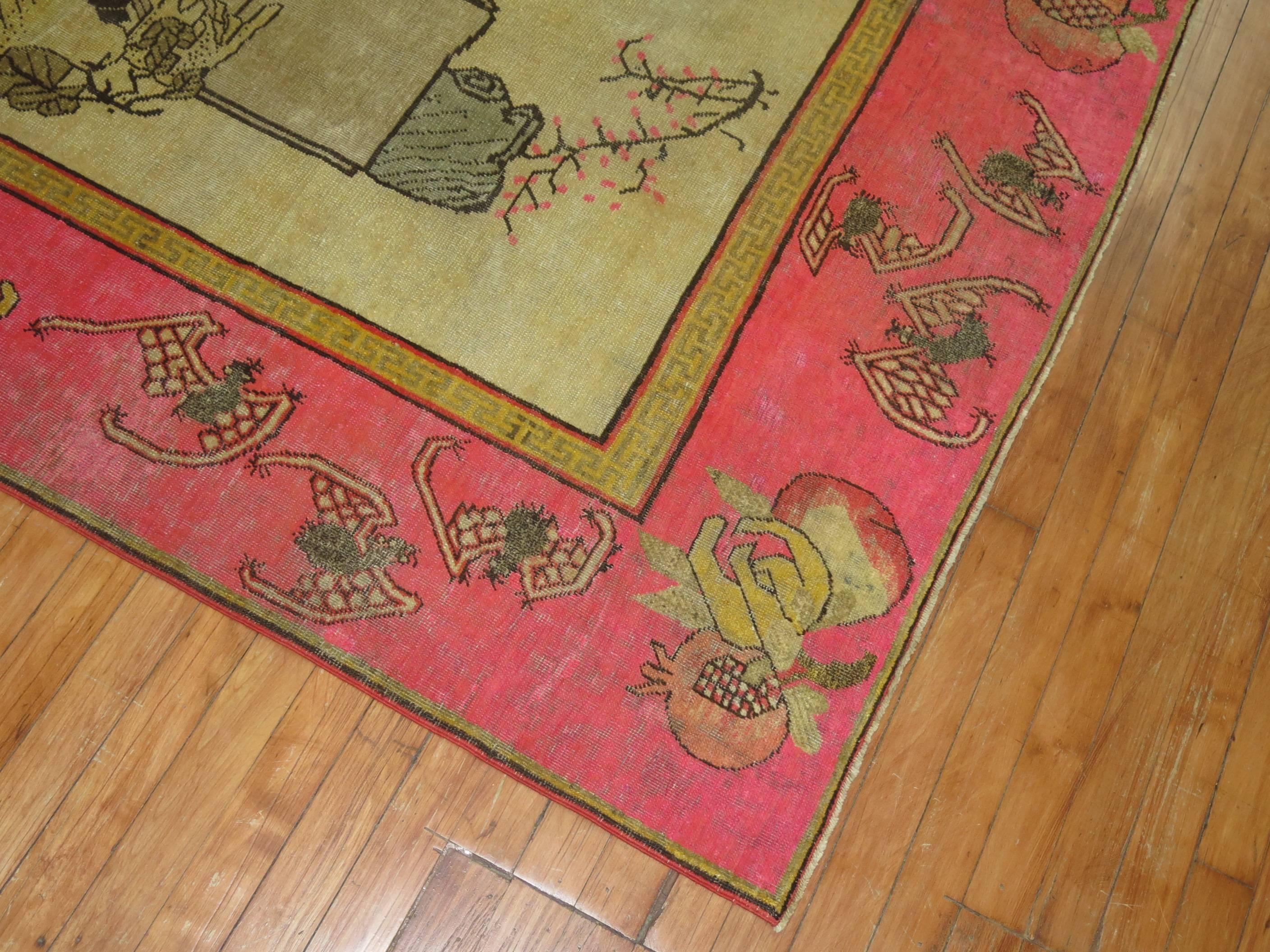 Cotton Antique Pictorial Khotan Rug with Bright Pink Border