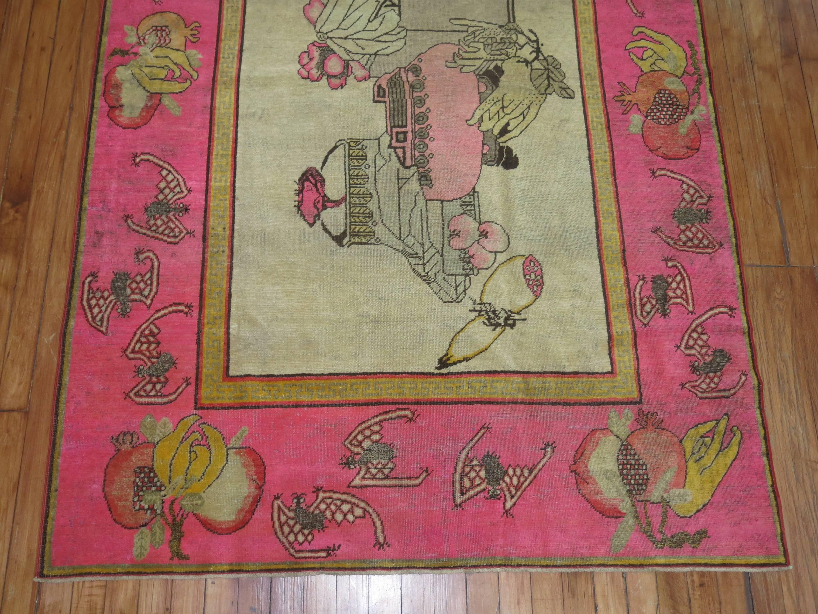 Antique Pictorial Khotan Rug with Bright Pink Border 1