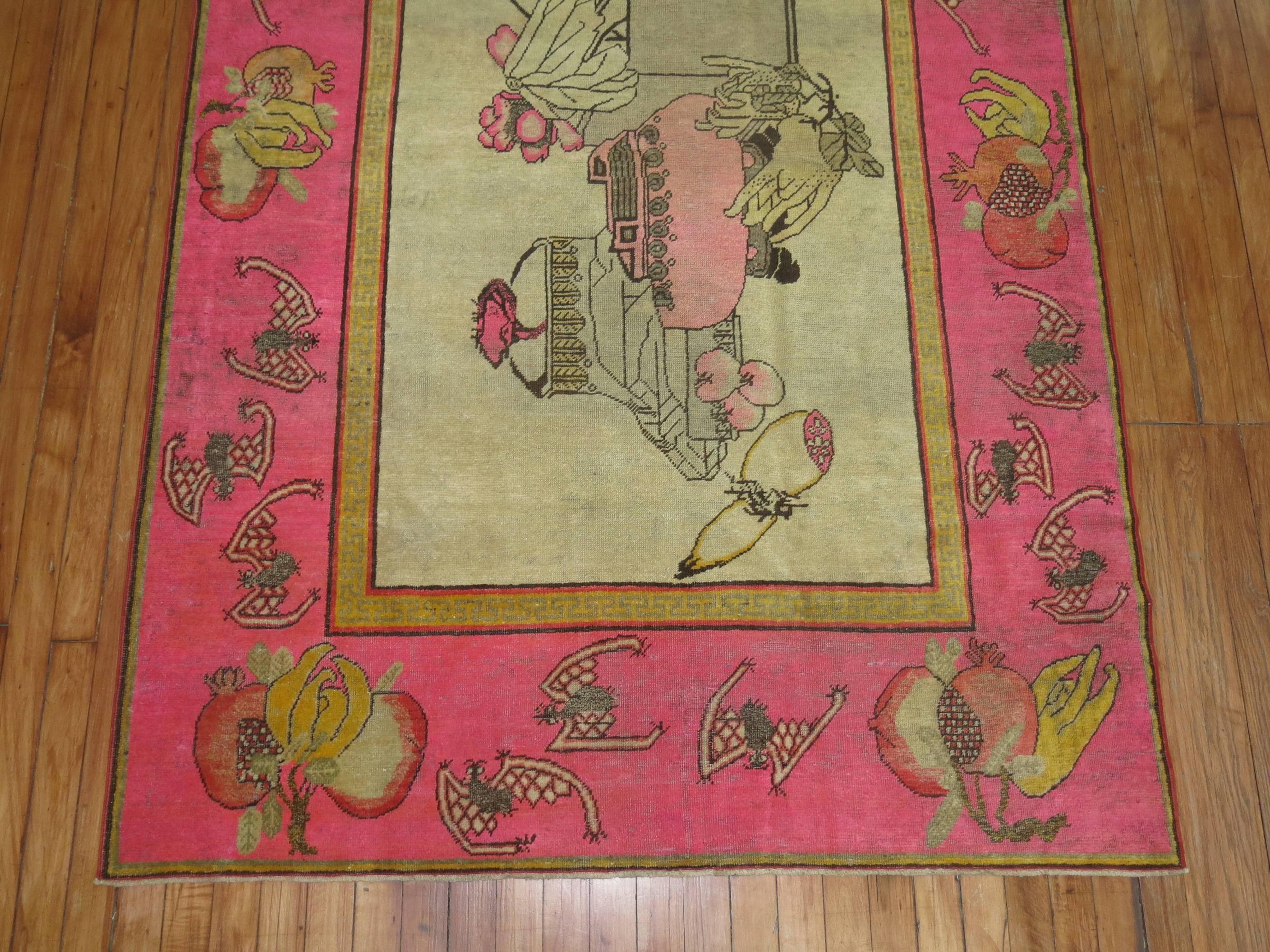 Antique Pictorial Khotan Rug with Bright Pink Border 2
