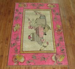 Antique Pictorial Khotan Rug with Bright Pink Border