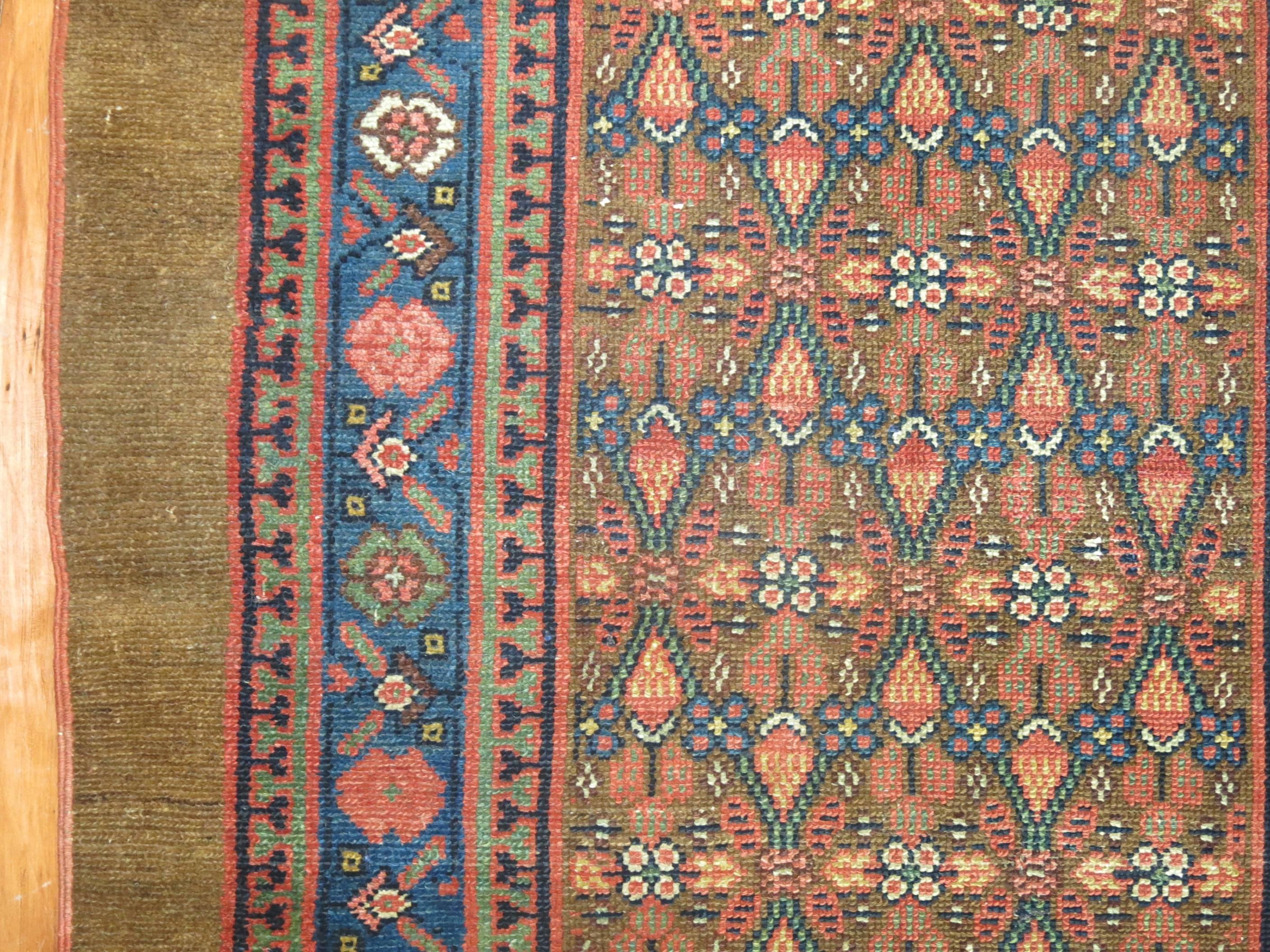 Persian Serabs have become very popular decorative rugs in todays market. Designs that are characteristic of this style include spaciously drawn geometric patterns, which emphasize soft camel color tones. More often or not, a wide unadorned camel