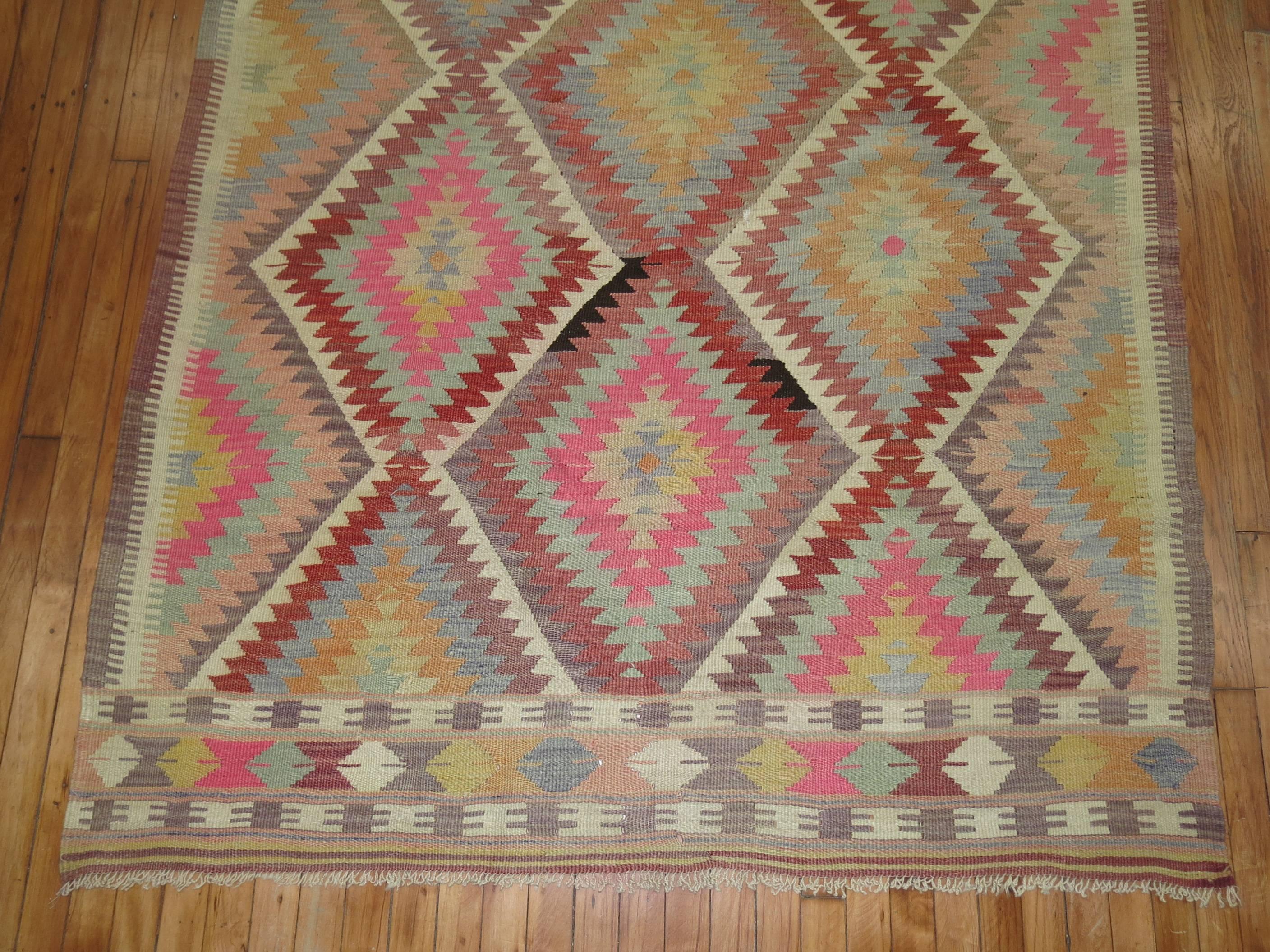 Hand-Knotted Pastel Turkish Kilim Flat-Weave