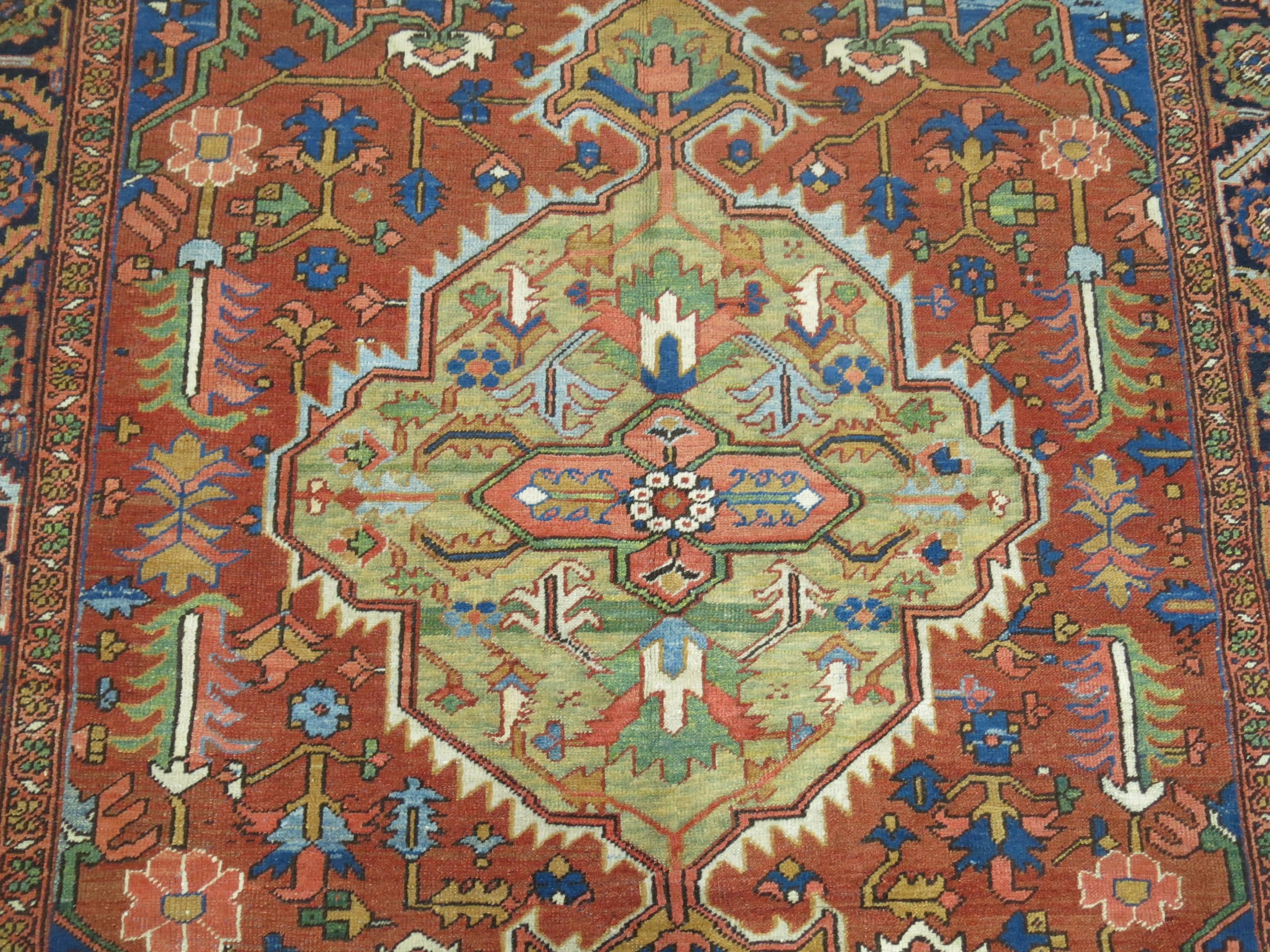 Antique Persian Heriz Green Medallion Carpet 4
