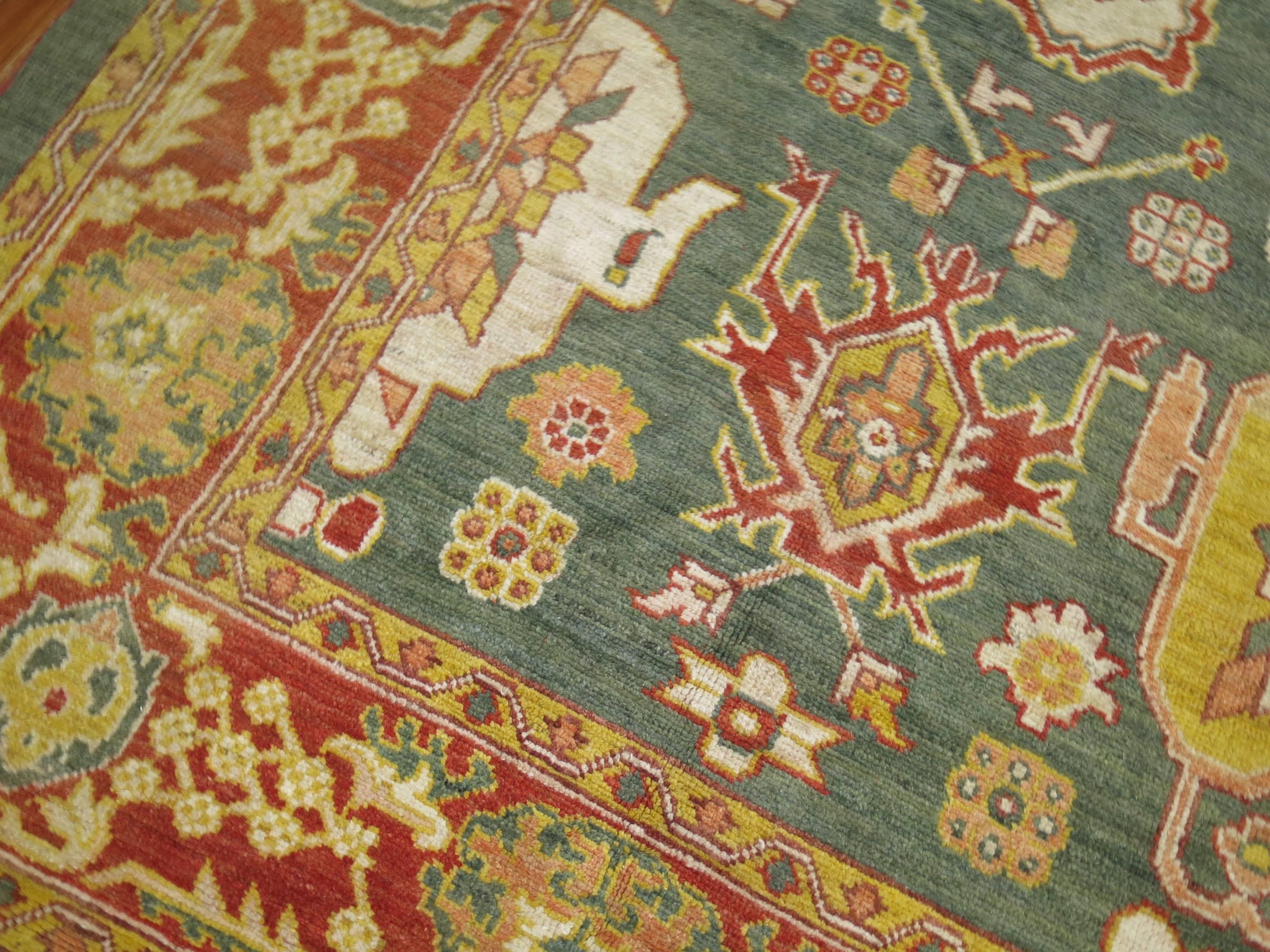 Sultanabad Green Turkish Square Oushak Rug For Sale