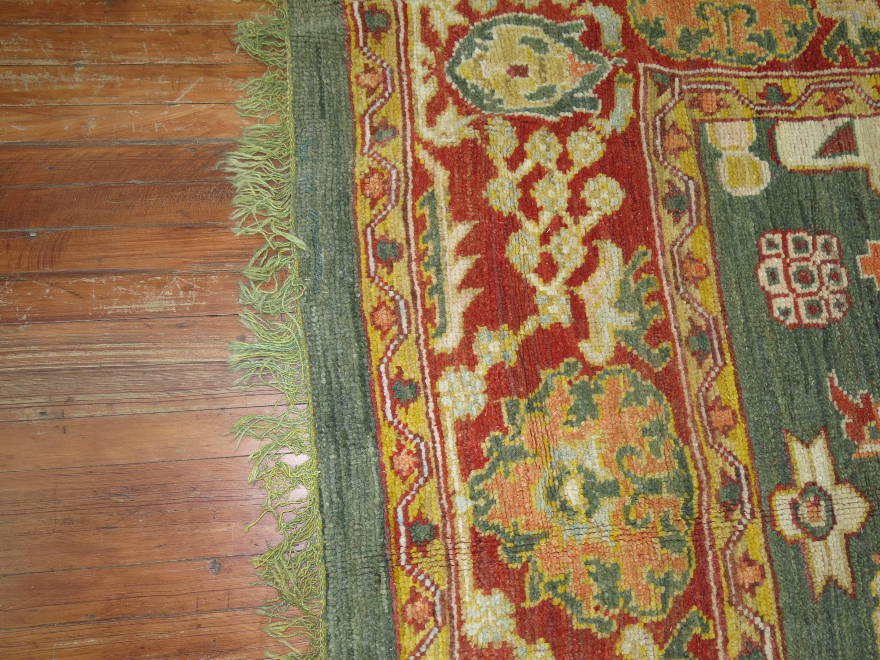 Hand-Knotted Green Turkish Square Oushak Rug For Sale