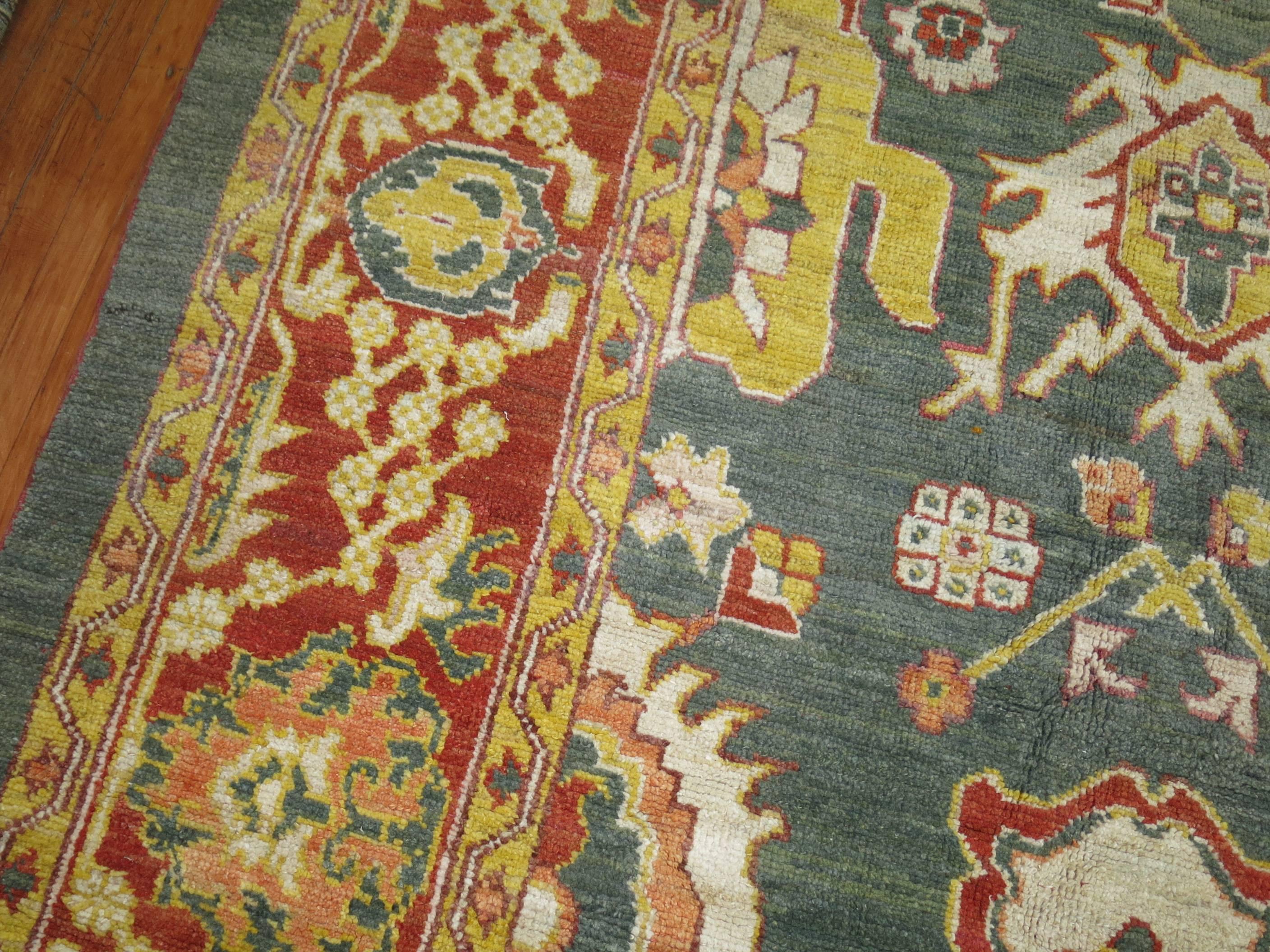 Green Turkish Square Oushak Rug In Excellent Condition For Sale In New York, NY