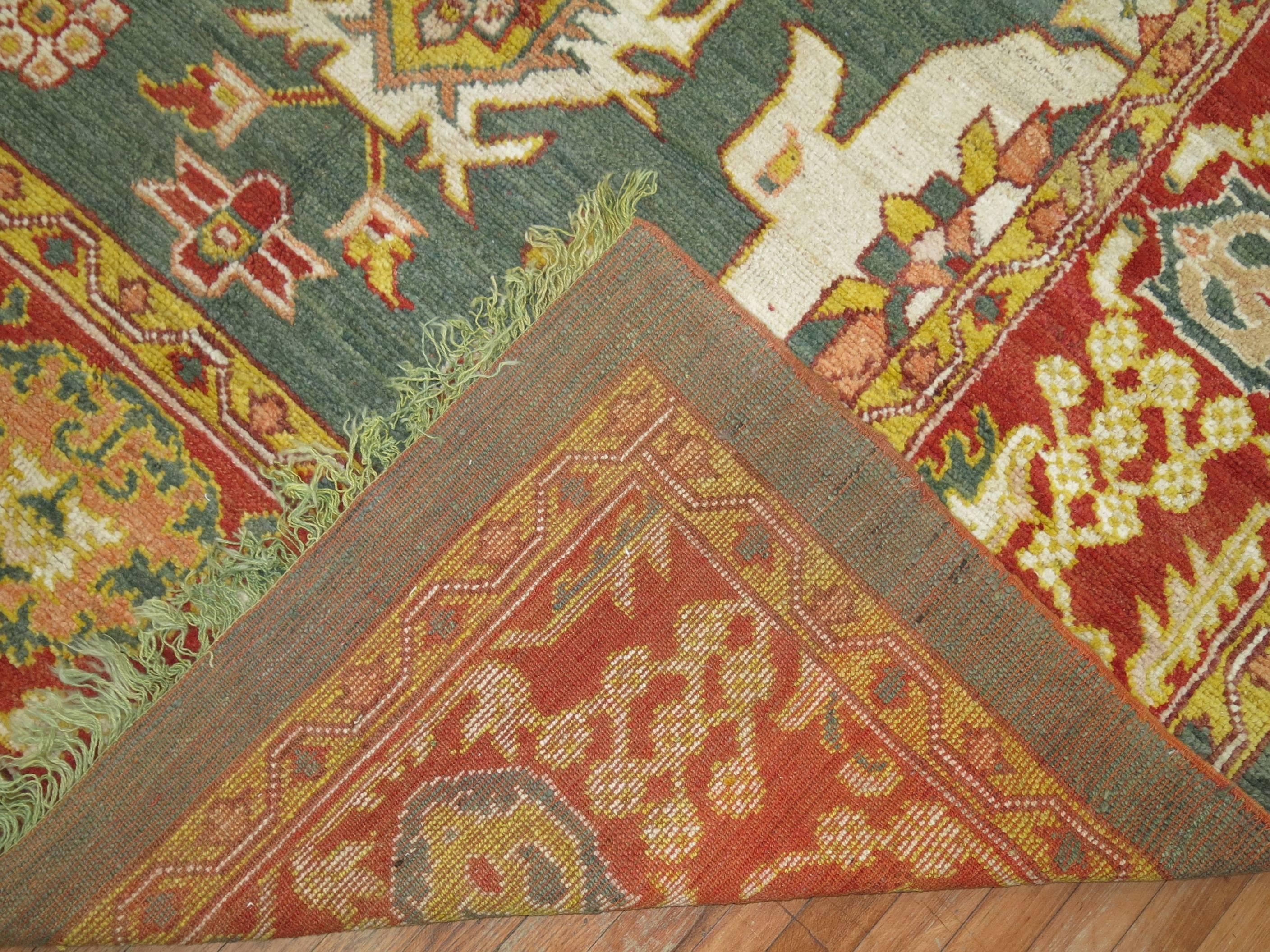 20th Century Green Turkish Square Oushak Rug For Sale
