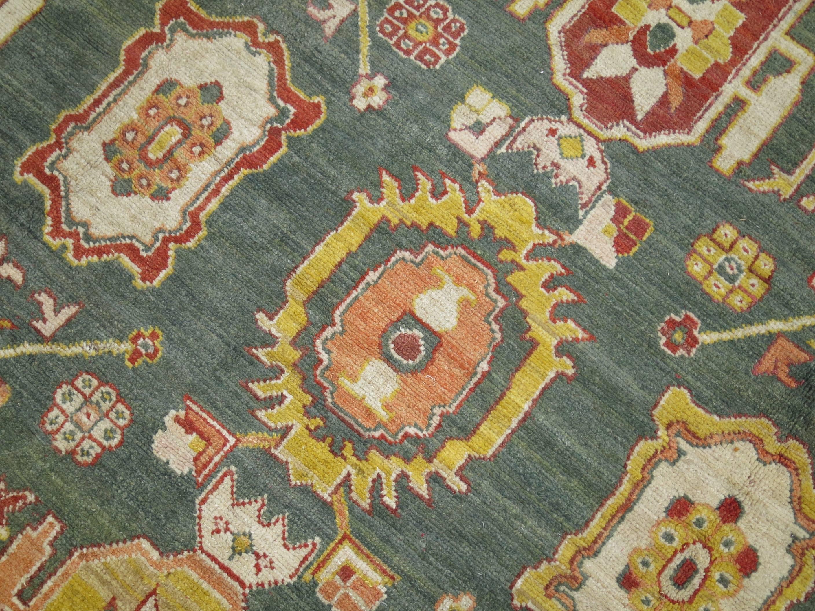 Wool Green Turkish Square Oushak Rug For Sale