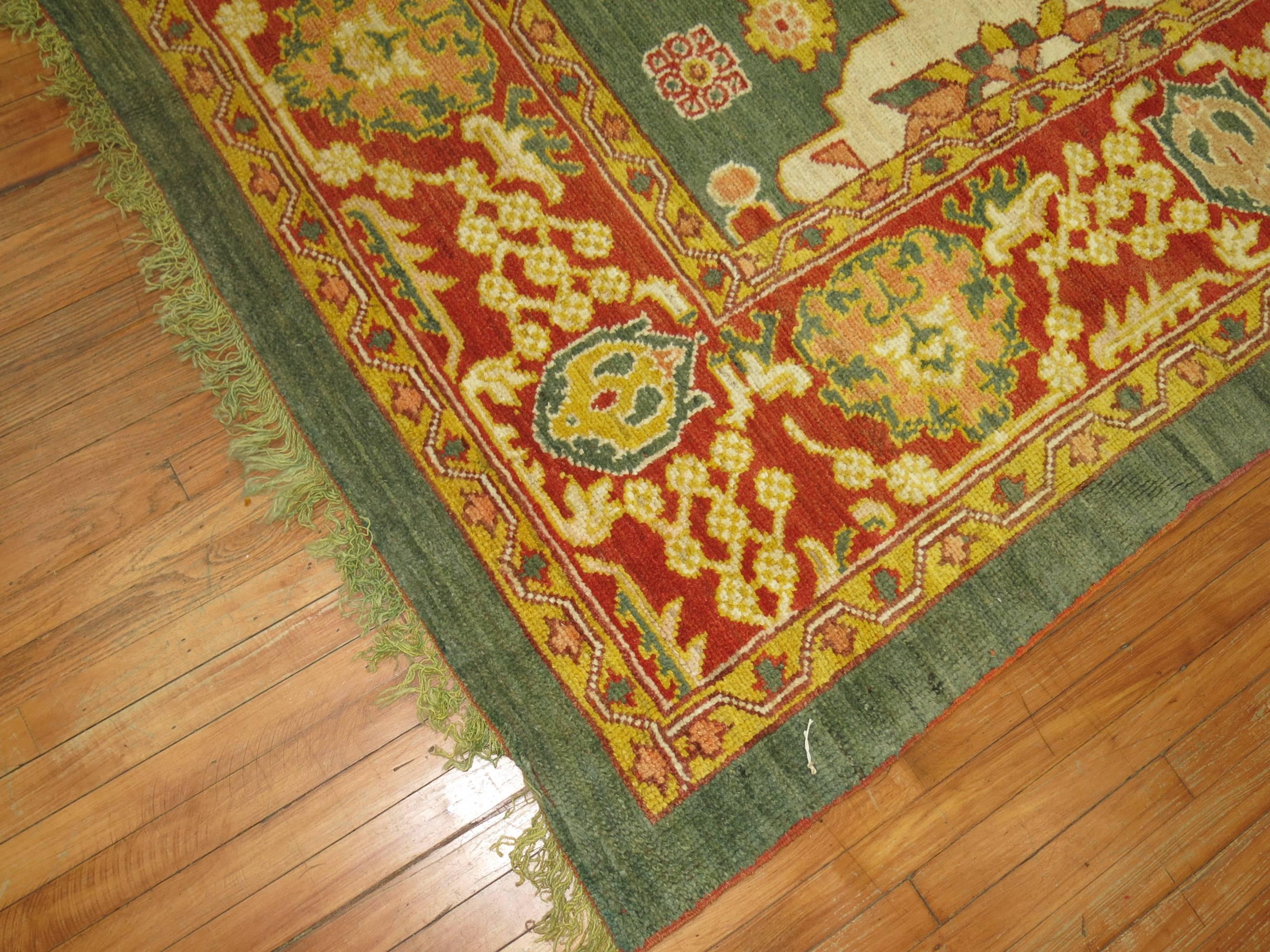 Green Turkish Square Oushak Rug For Sale 1