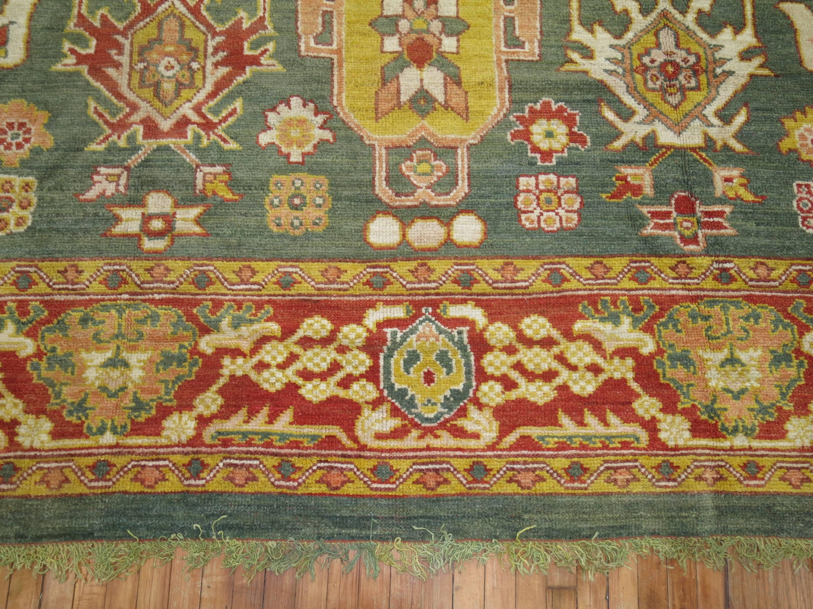 Green Turkish Square Oushak Rug For Sale 2