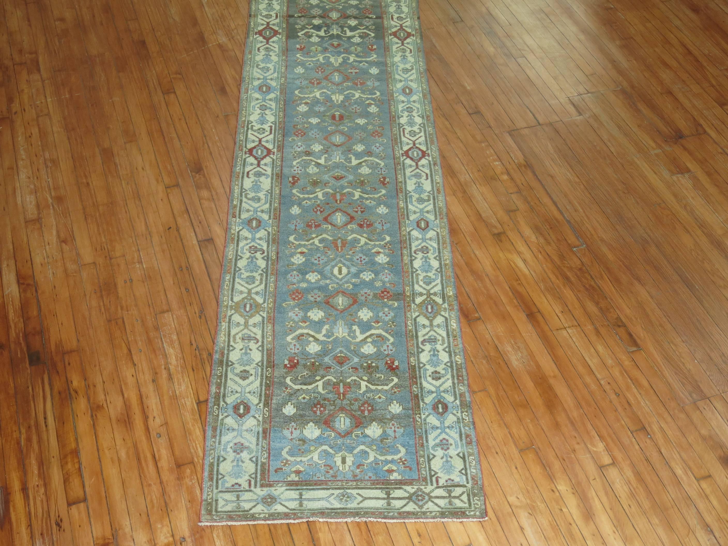 Early 20th Century Blue Green Antique Persian Malayer Long Runner For Sale 1