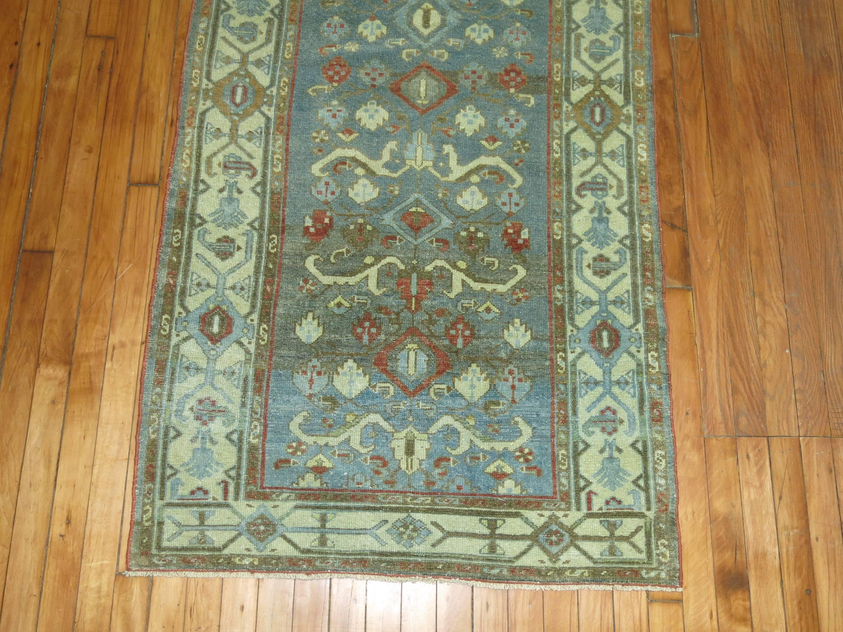 Early 20th Century Blue Green Antique Persian Malayer Long Runner For Sale 2