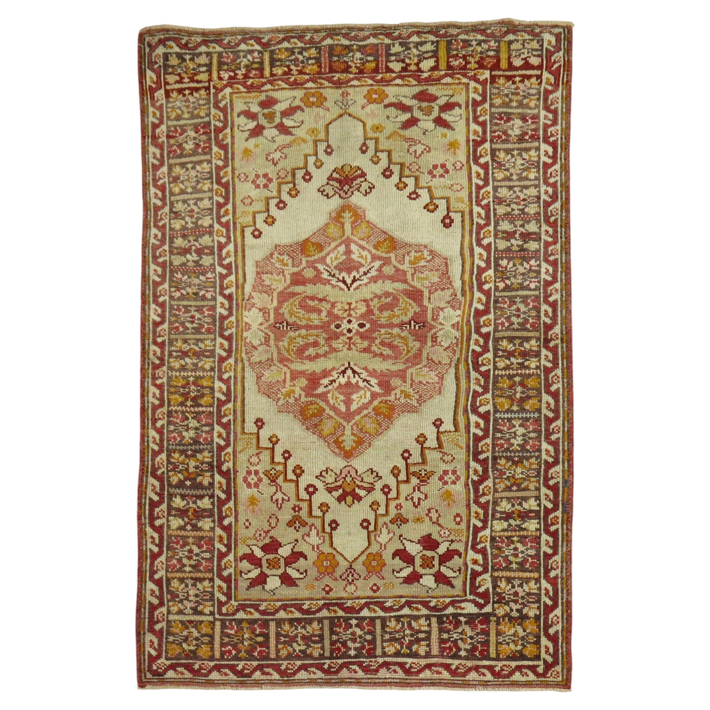 Zabihi Collection Antique Ivory Turkish Scatter Size Rug For Sale