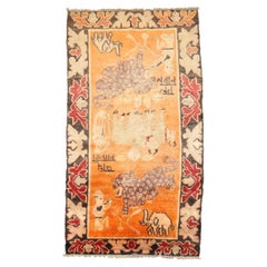 Zabihi Collection Orange Animal MOtif Vintage Tibetan Rug