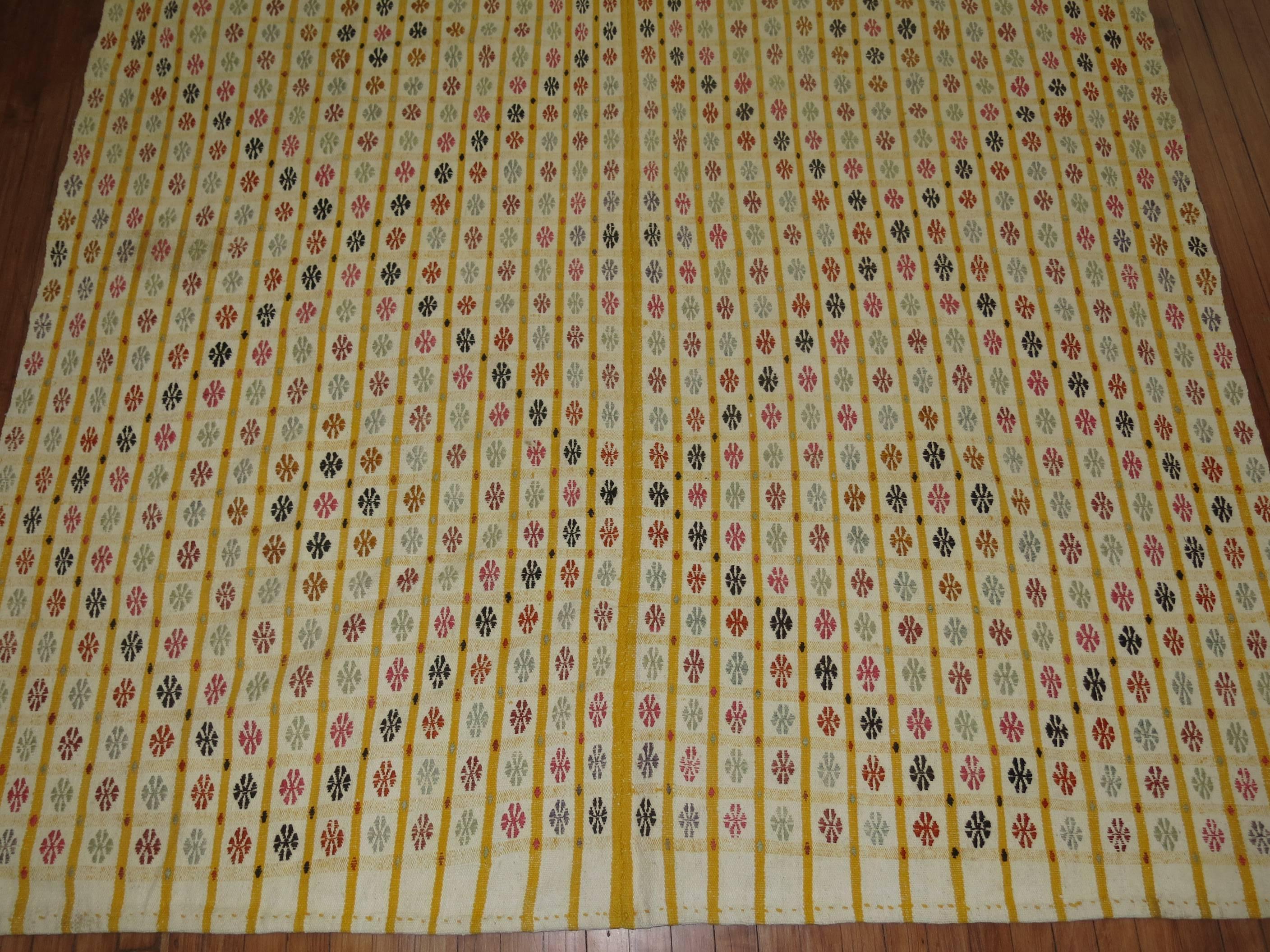 Ein farbenfrohes geometrisches Flachgewebe aus dem südlichen Teil der Türkei, das in Jajim/Cicim-Technik gewebt wurde.

Maße: 6'10'' x 9'10''

Türkische Cicims werden hauptsächlich als Vorhänge oder Decken verwendet. Die Schuss- und Kettfäden,
