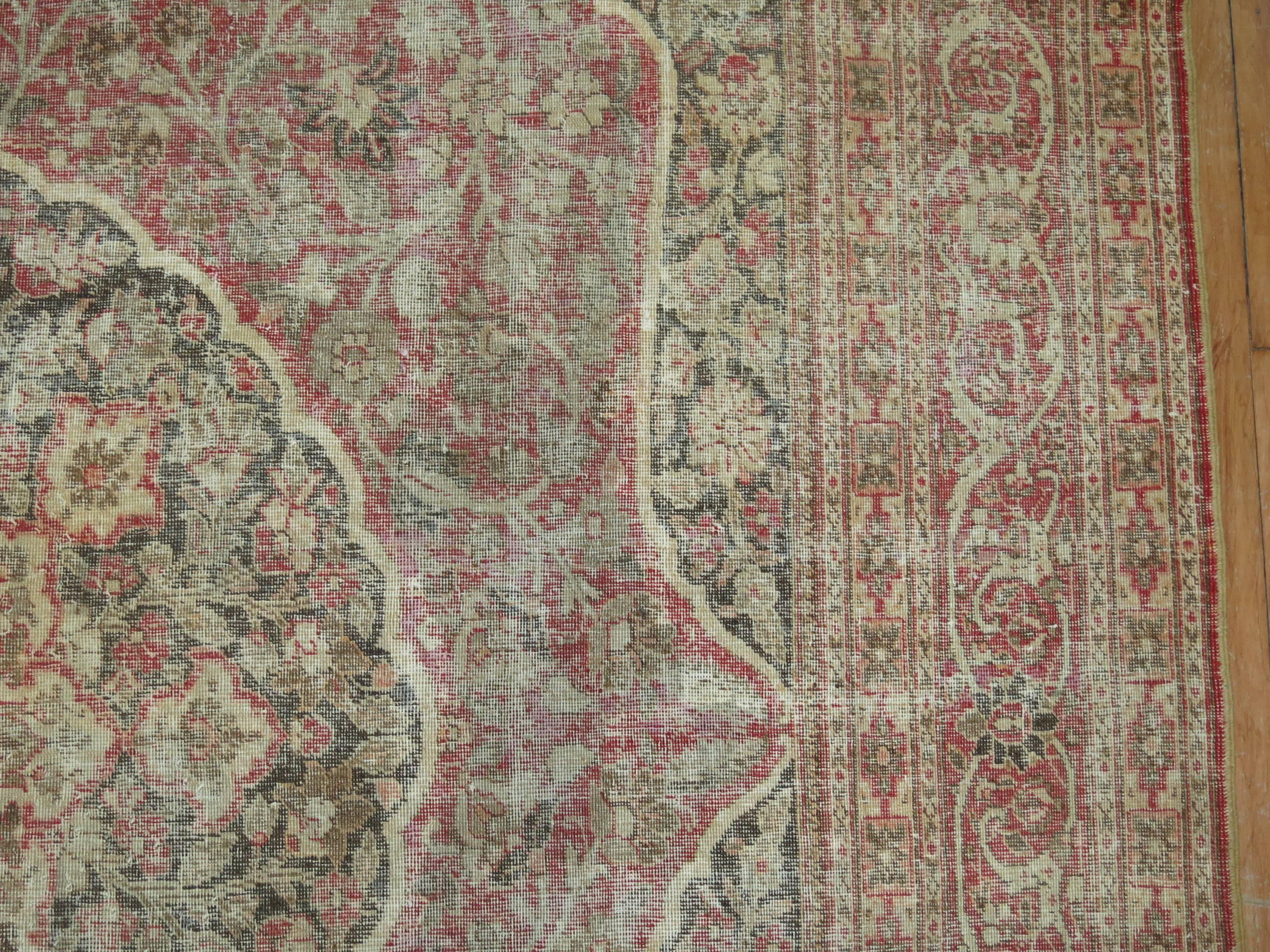 Wool Zabihi Collection Worn Room size Persian Tabriz Rug For Sale
