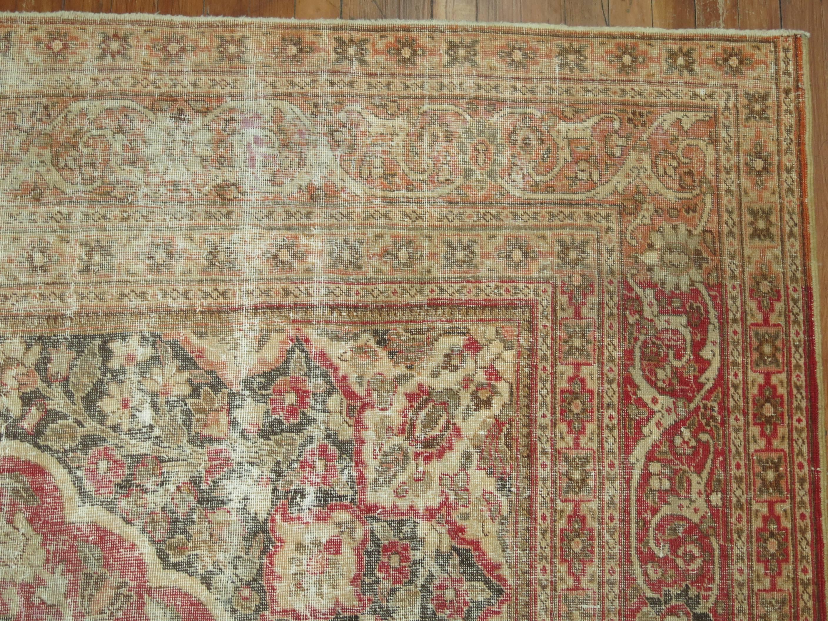 American Colonial Zabihi Collection Worn Room size Persian Tabriz Rug For Sale