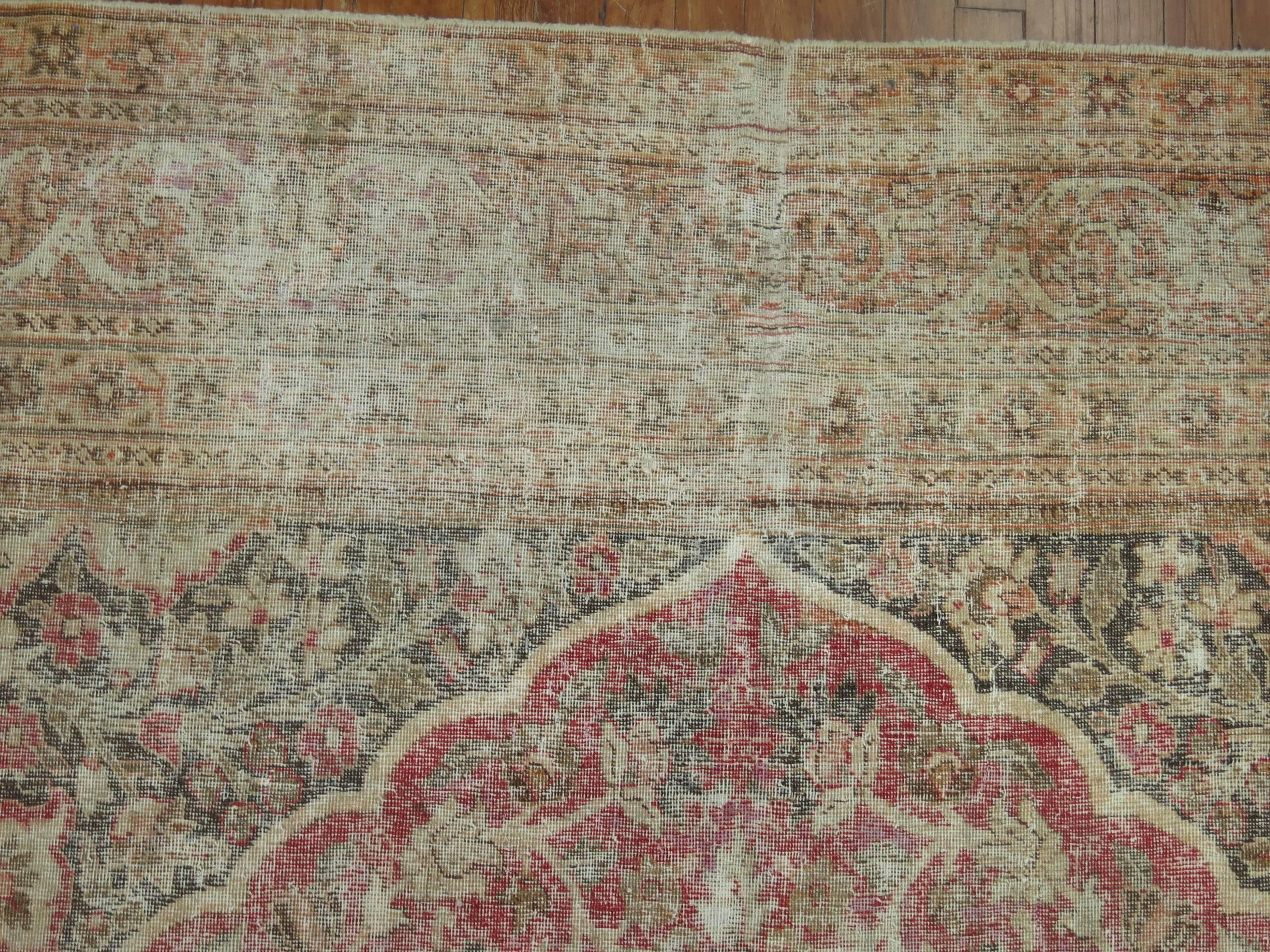 Zabihi Collection Worn Room size Persian Tabriz Rug In Distressed Condition For Sale In New York, NY