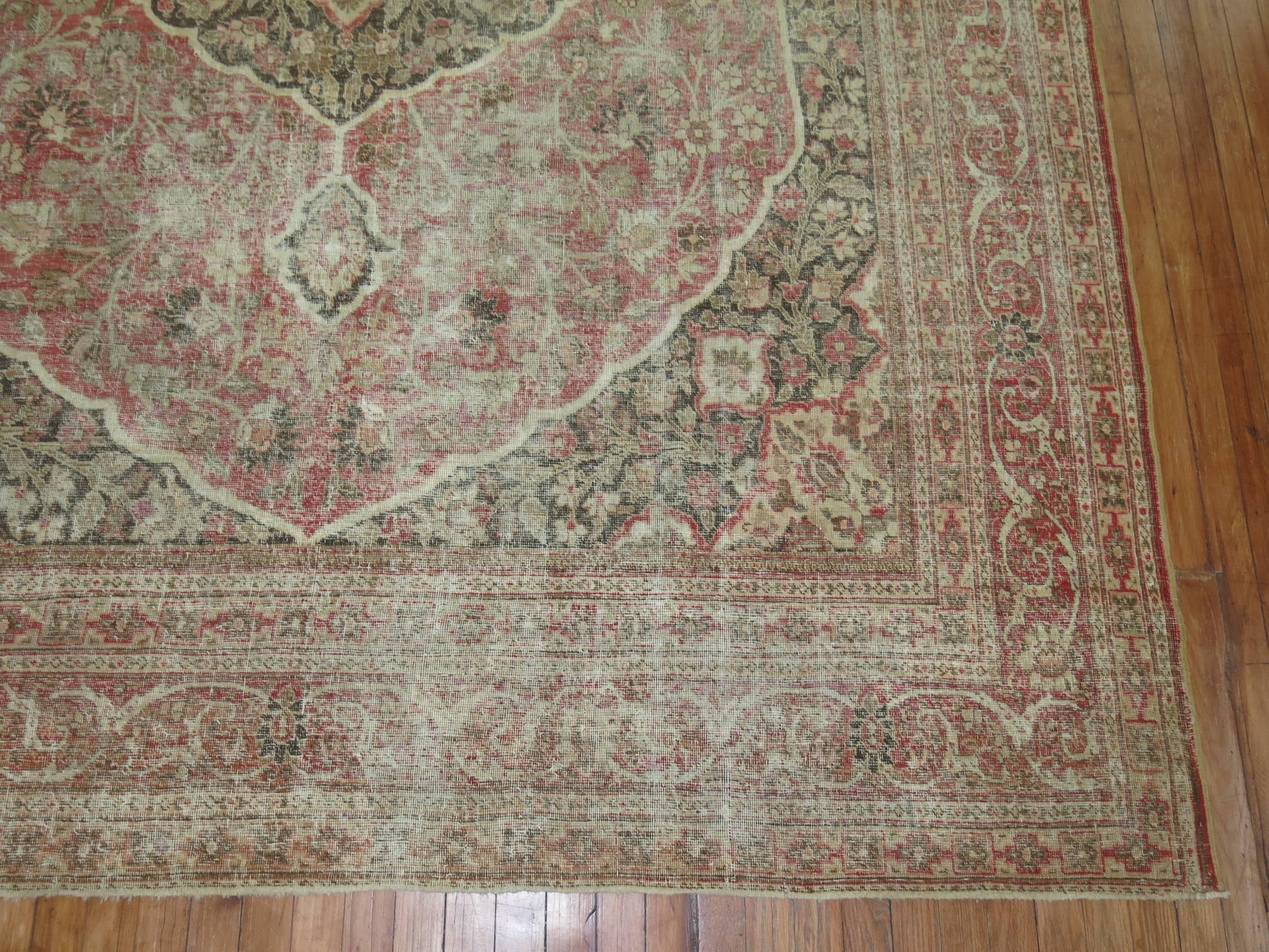Zabihi Collection Worn Room size Persian Tabriz Rug For Sale 2