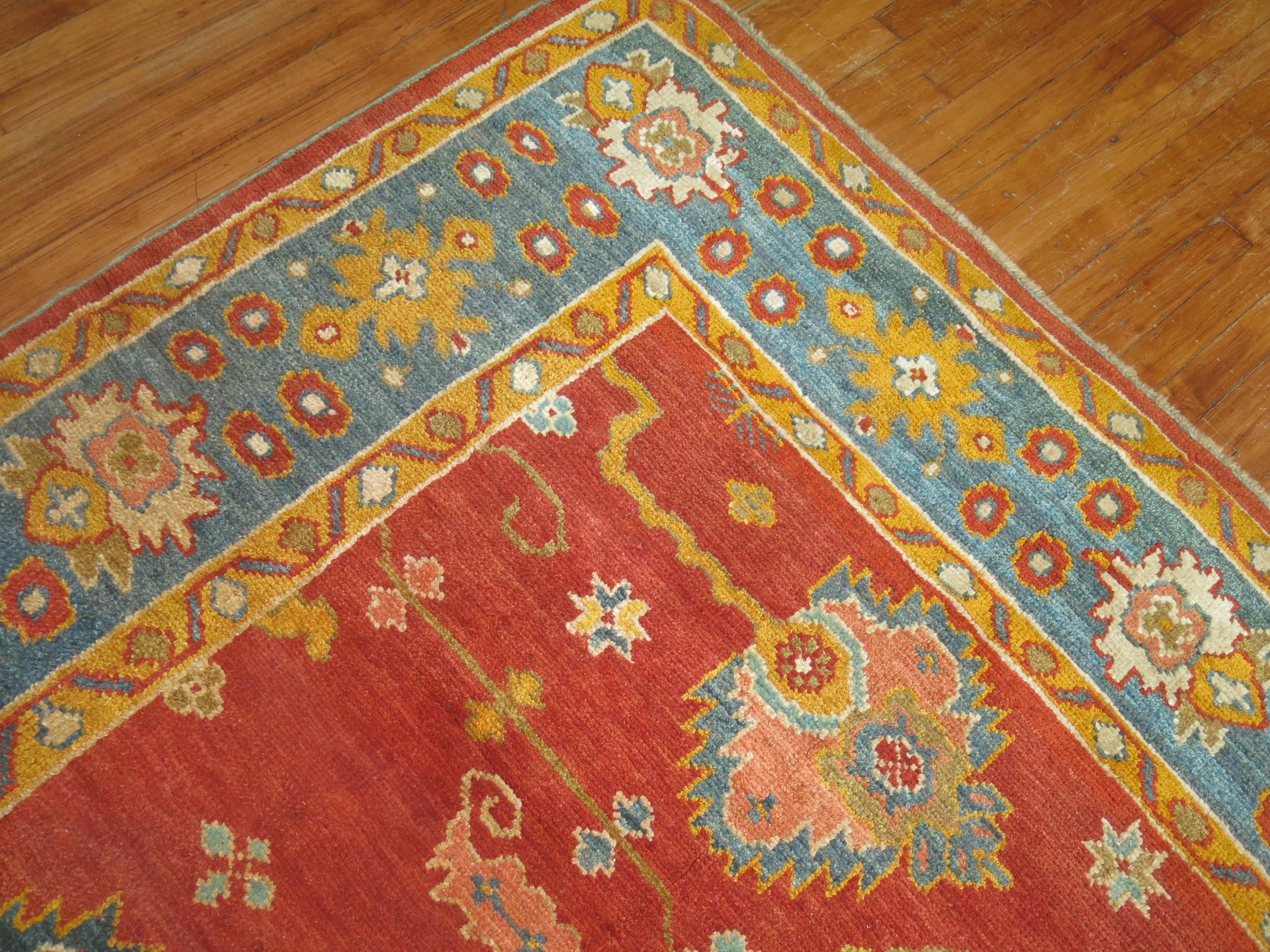 Colorful Oushak made from 100 % hand spun vegetable dyed recycled wool giving it an old world and vintage feel. This piece is part of a new collection of vintage inspired rugs we are creating in Turkey. Specially made in a square size in bright