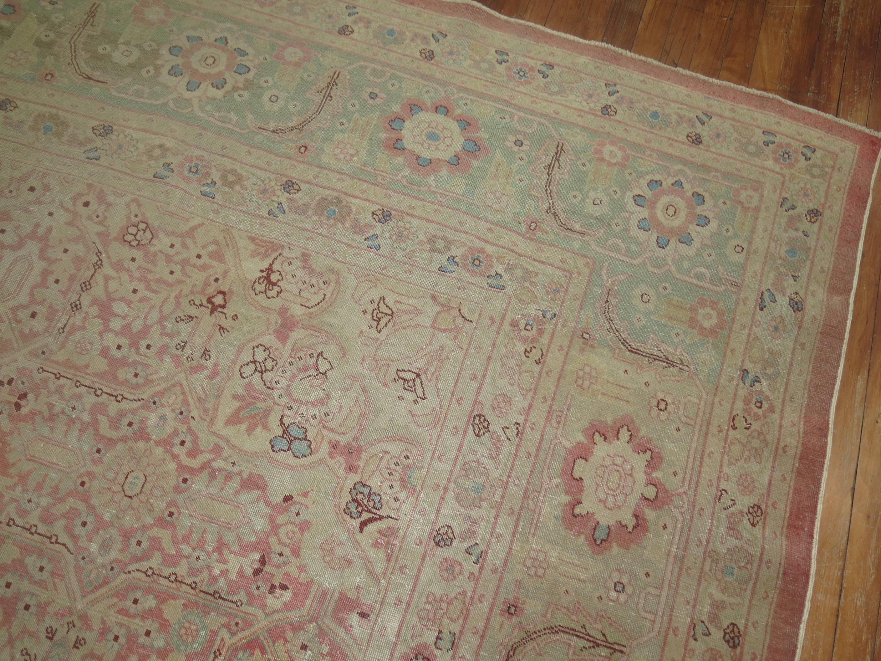 Wool Zabihi Collection Fine Pink Mint Green Indian Amritsar  Rug For Sale