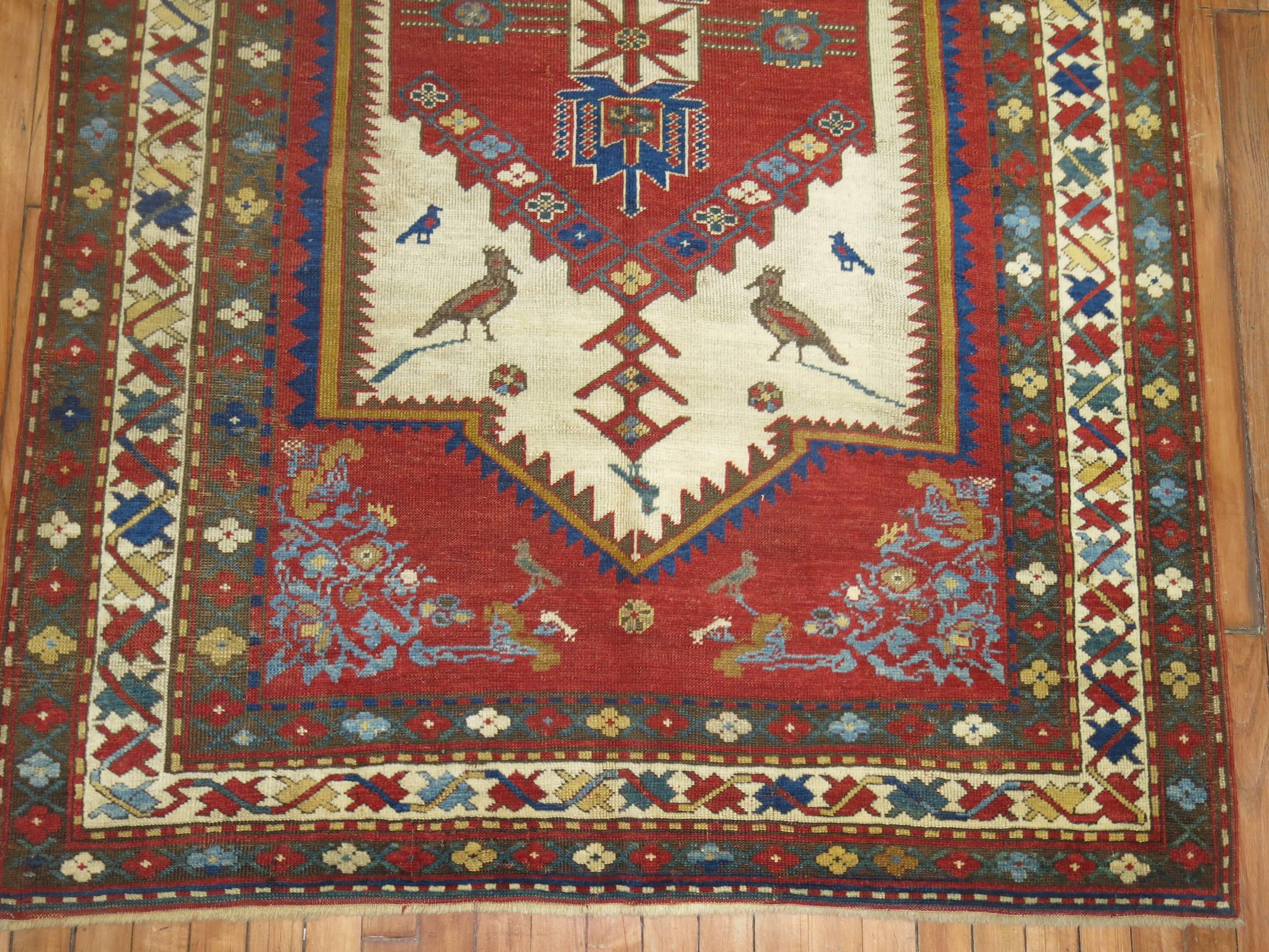 Wool 19th Century Antique Pictorial Bird Kazak Caucasian Rug