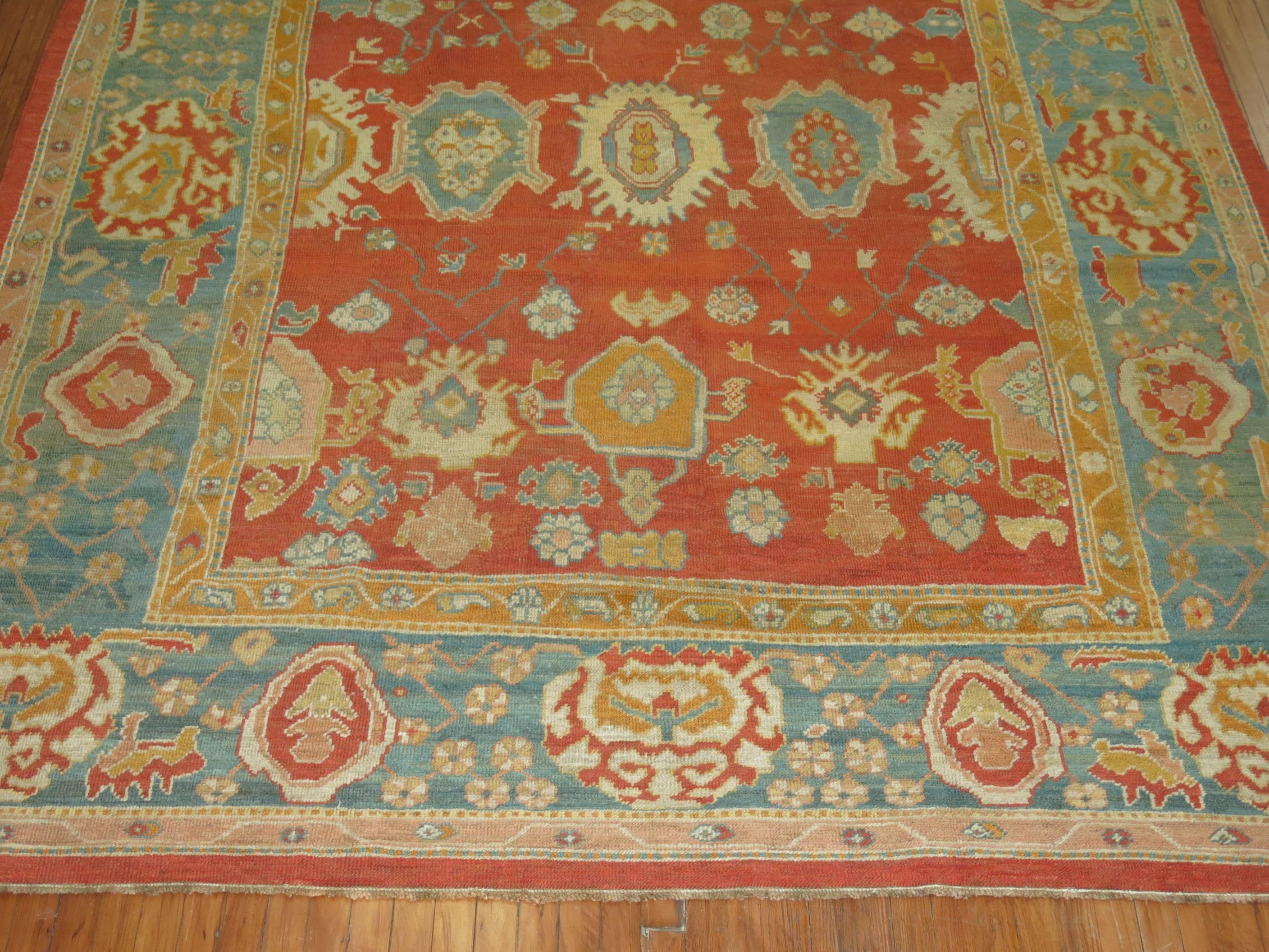 Wool Room Size Orange Field Teal Border Late 19th Century Antique Turkish Oushak Rug For Sale