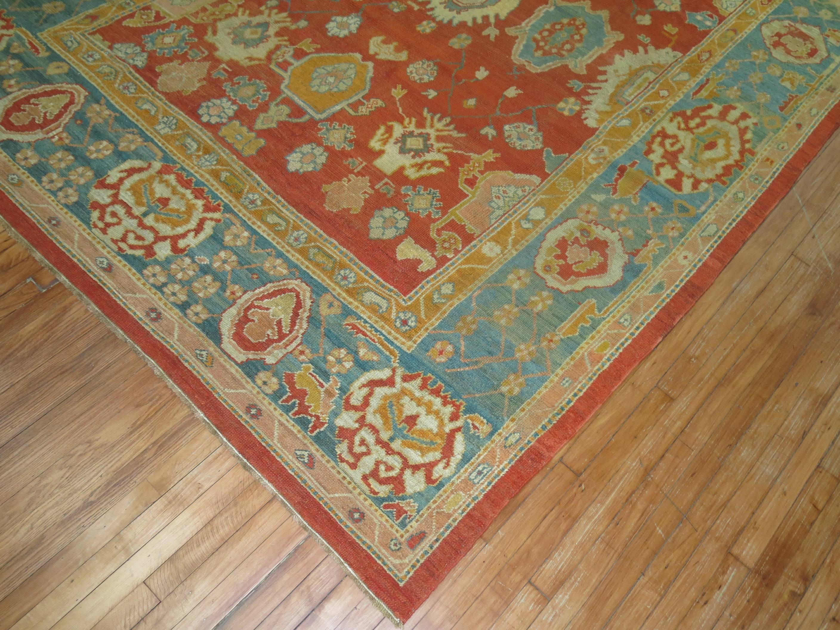 Room Size Orange Field Teal Border Late 19th Century Antique Turkish Oushak Rug For Sale 4