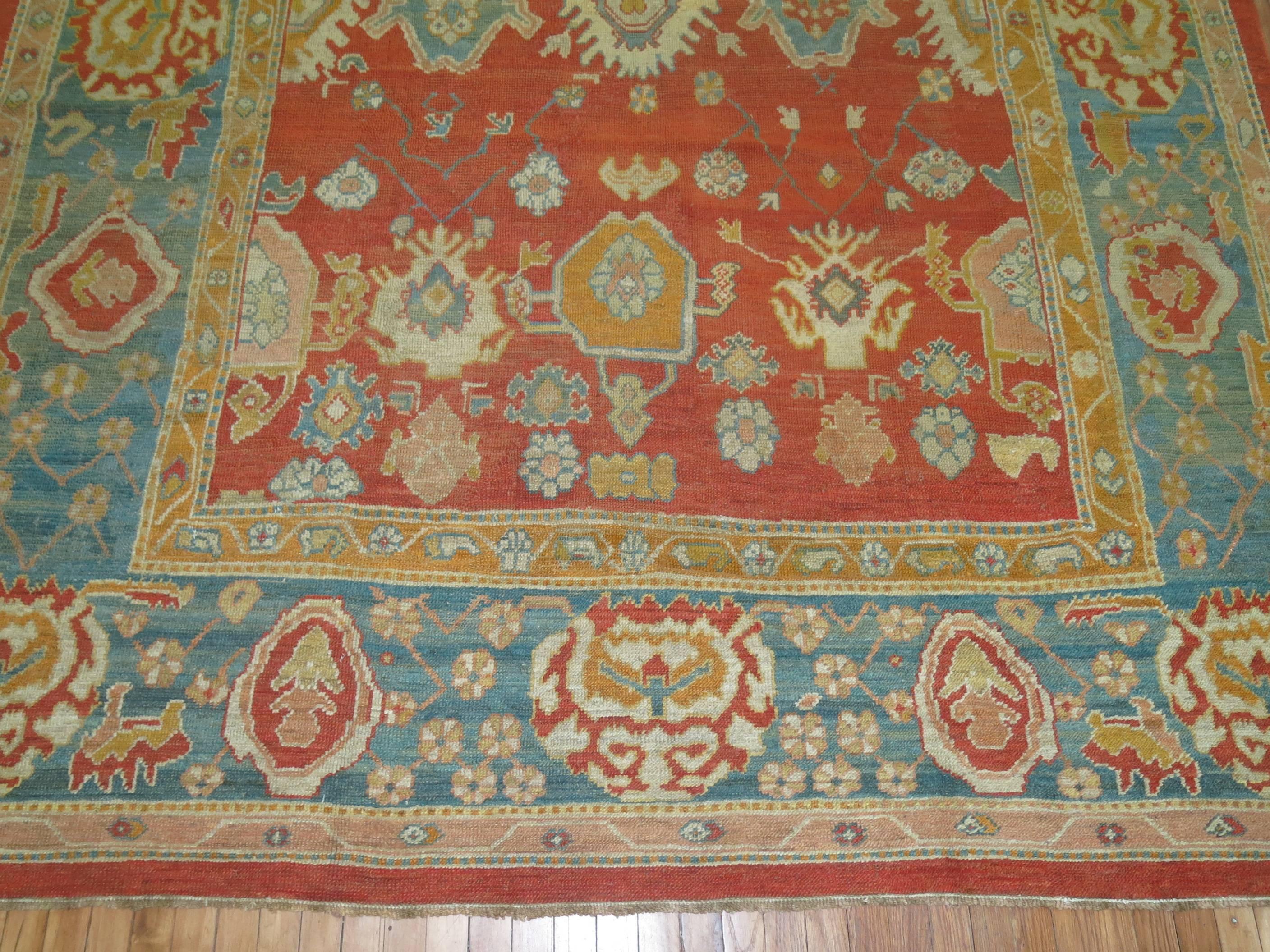 Room Size Orange Field Teal Border Late 19th Century Antique Turkish Oushak Rug For Sale 1